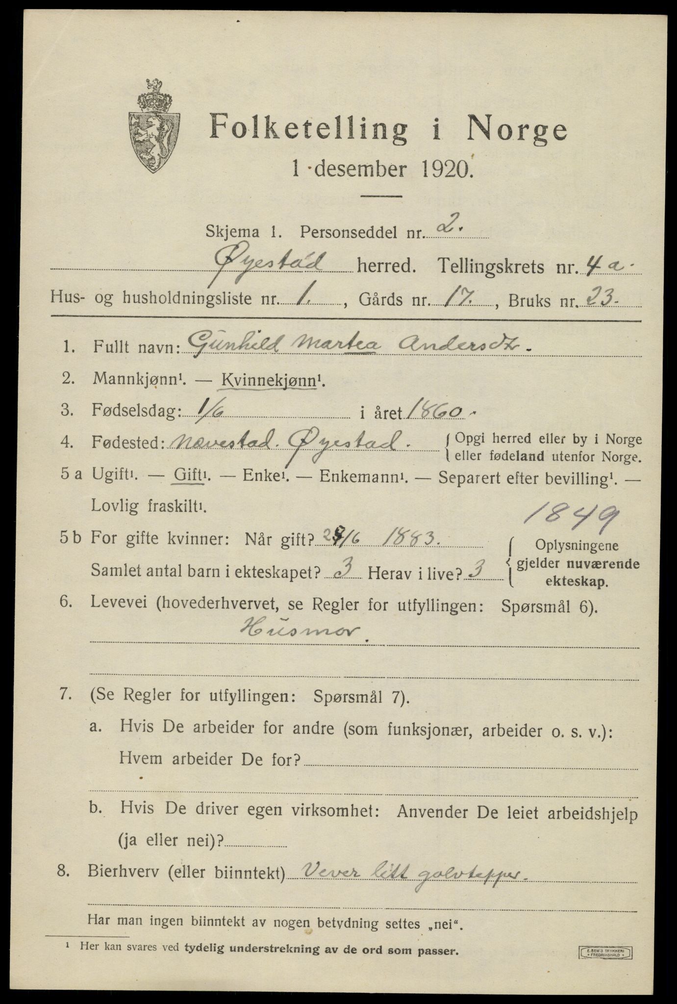 SAK, 1920 census for Øyestad, 1920, p. 3168