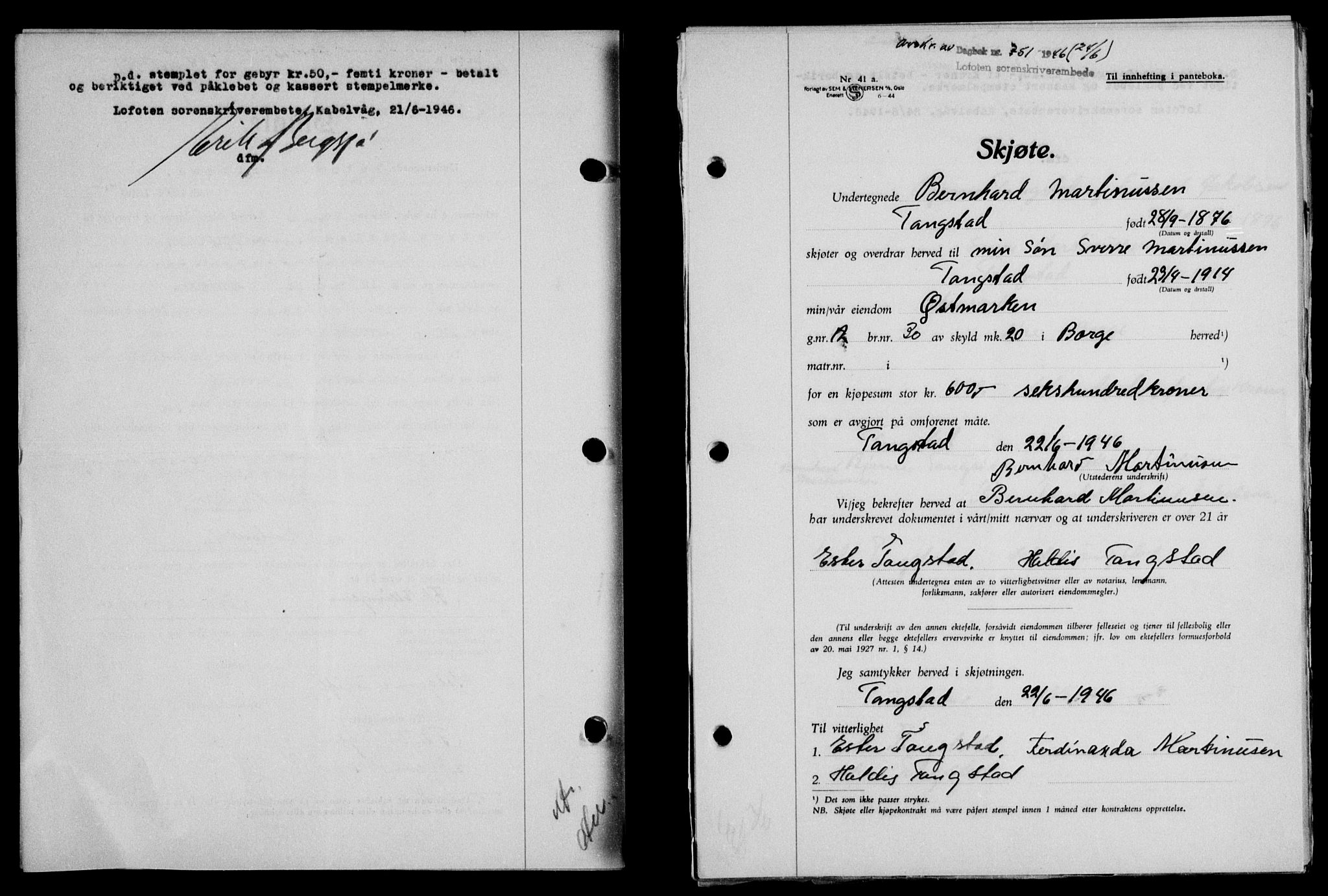 Lofoten sorenskriveri, SAT/A-0017/1/2/2C/L0014a: Mortgage book no. 14a, 1946-1946, Diary no: : 751/1946
