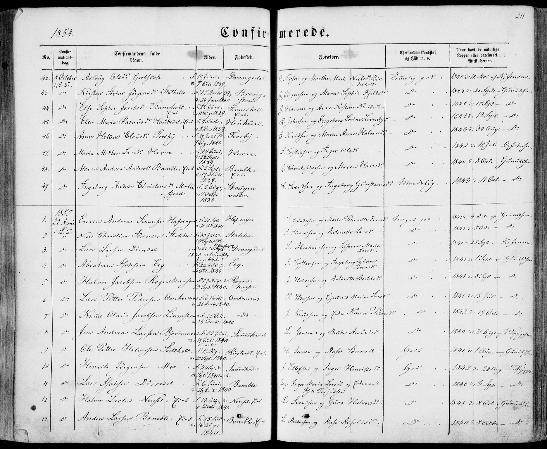 Bamble kirkebøker, SAKO/A-253/F/Fa/L0005: Parish register (official) no. I 5, 1854-1869, p. 211