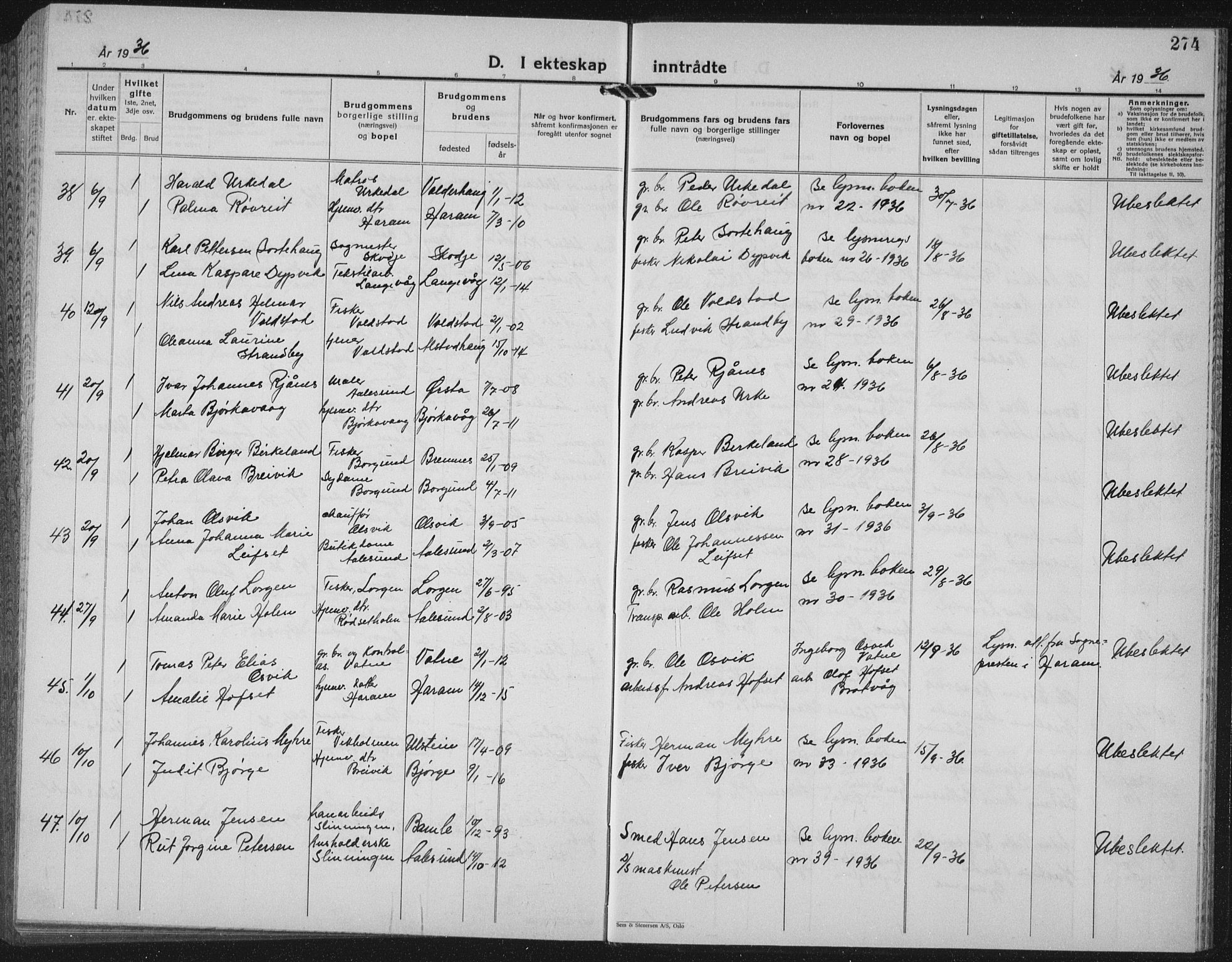 Ministerialprotokoller, klokkerbøker og fødselsregistre - Møre og Romsdal, AV/SAT-A-1454/528/L0436: Parish register (copy) no. 528C17, 1927-1939, p. 274