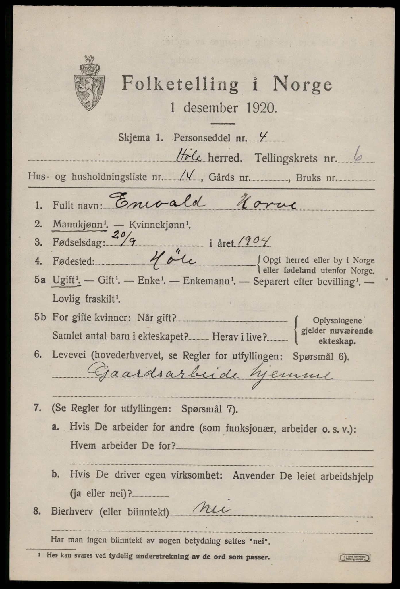 SAST, 1920 census for Høle, 1920, p. 1995