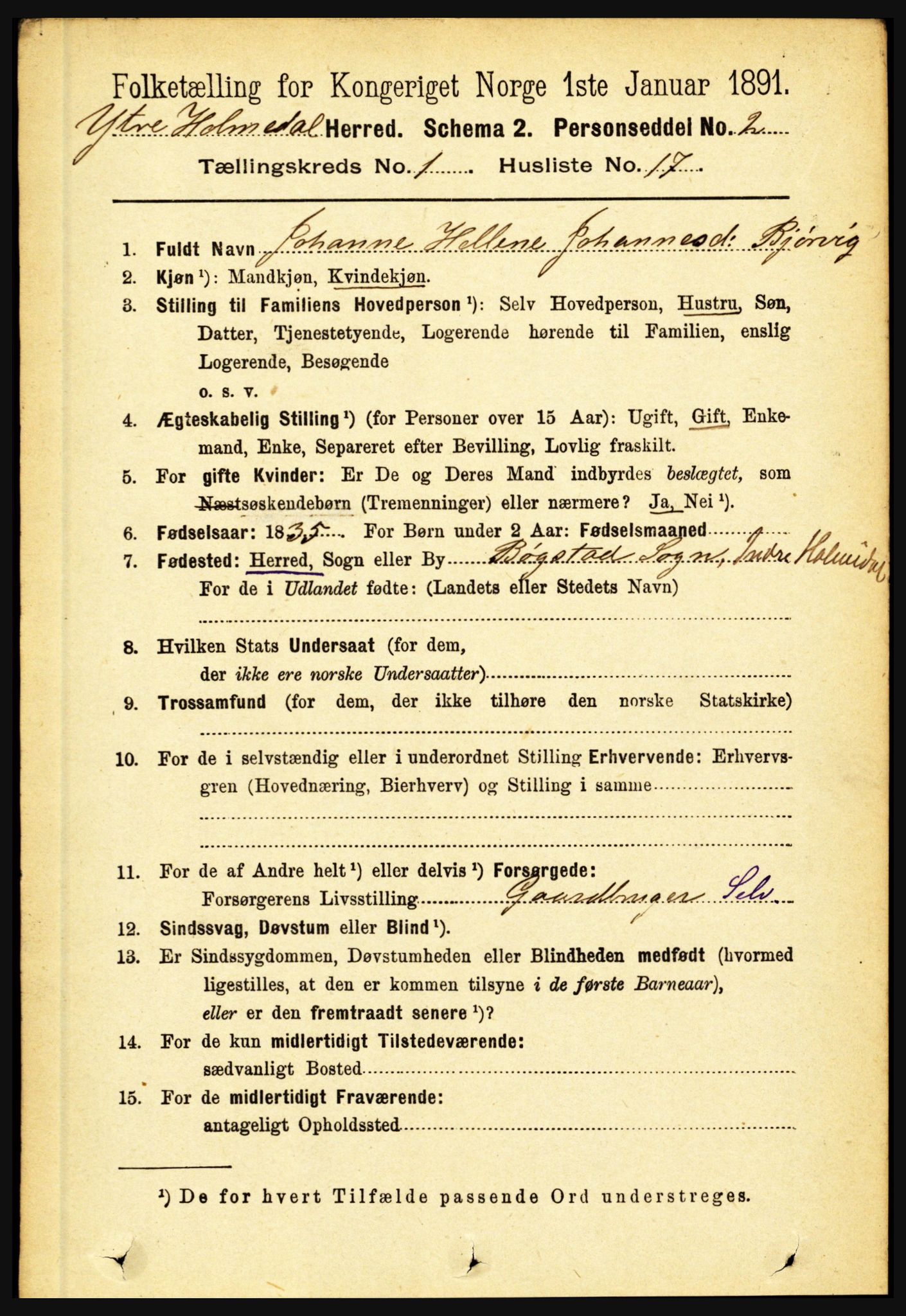 RA, 1891 census for 1429 Ytre Holmedal, 1891, p. 168