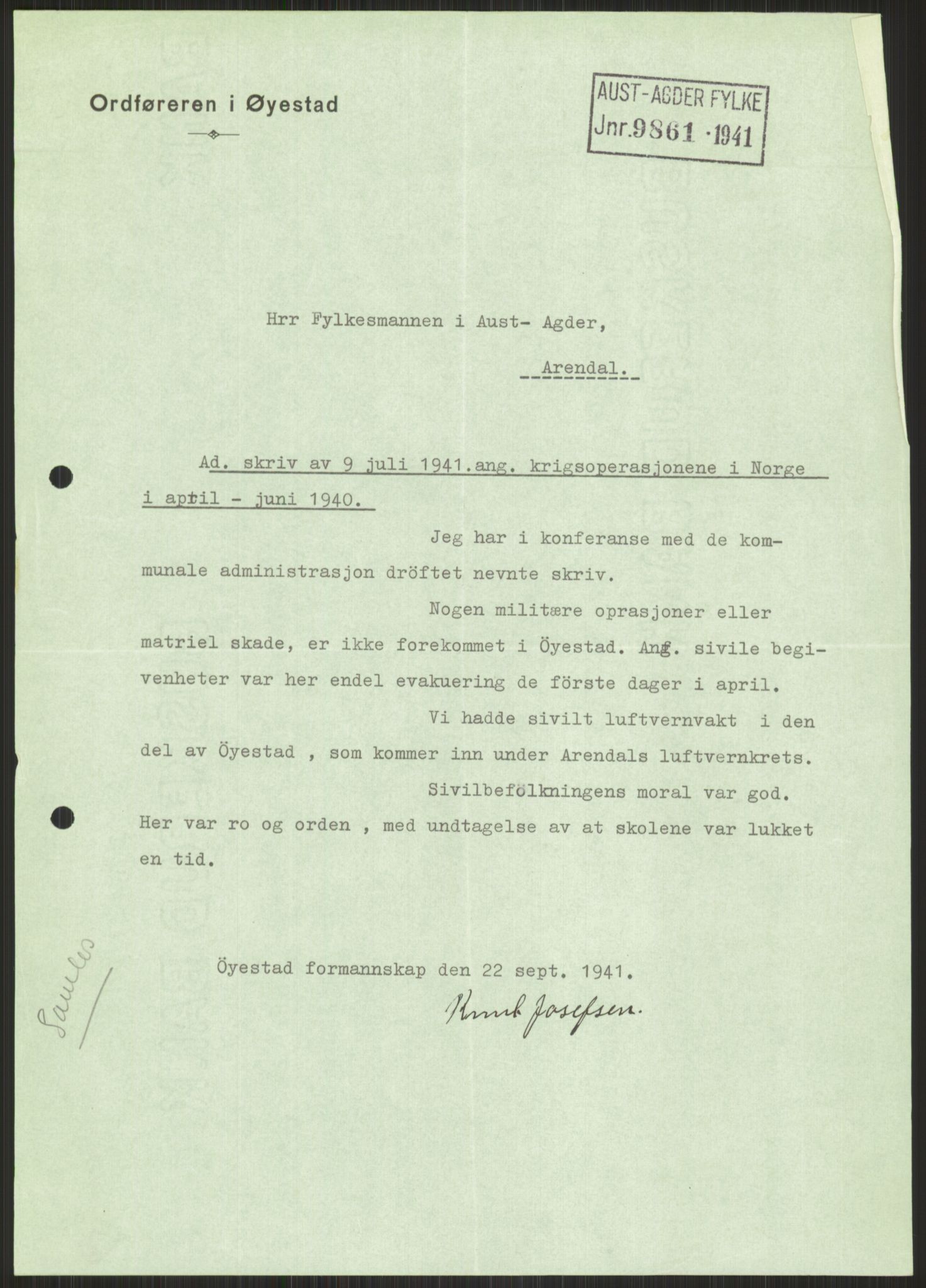 Forsvaret, Forsvarets krigshistoriske avdeling, AV/RA-RAFA-2017/Y/Ya/L0014: II-C-11-31 - Fylkesmenn.  Rapporter om krigsbegivenhetene 1940., 1940, p. 803