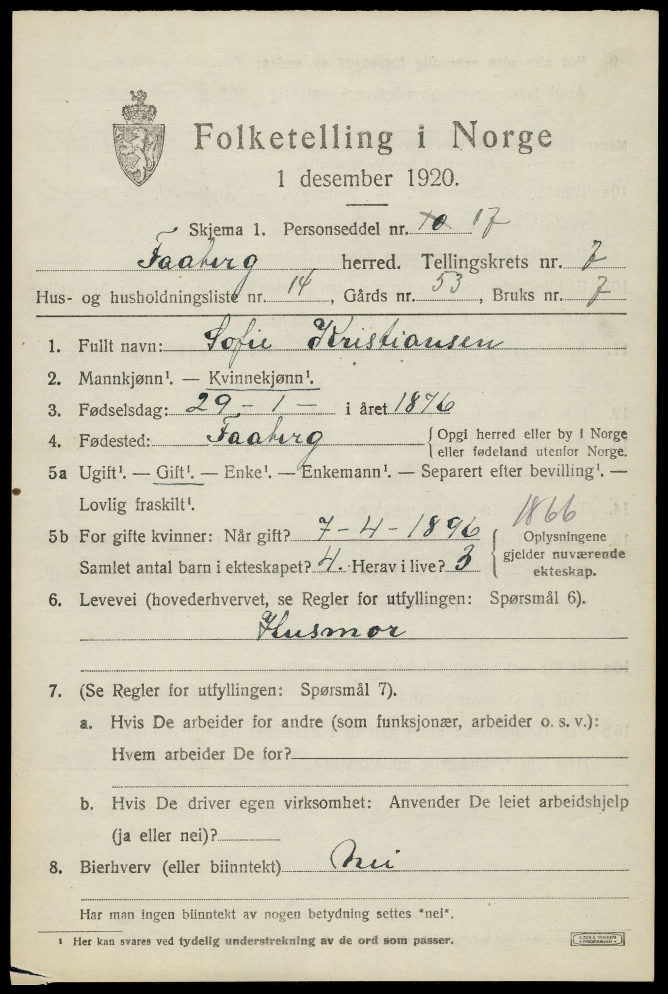 SAH, 1920 census for Fåberg, 1920, p. 8008