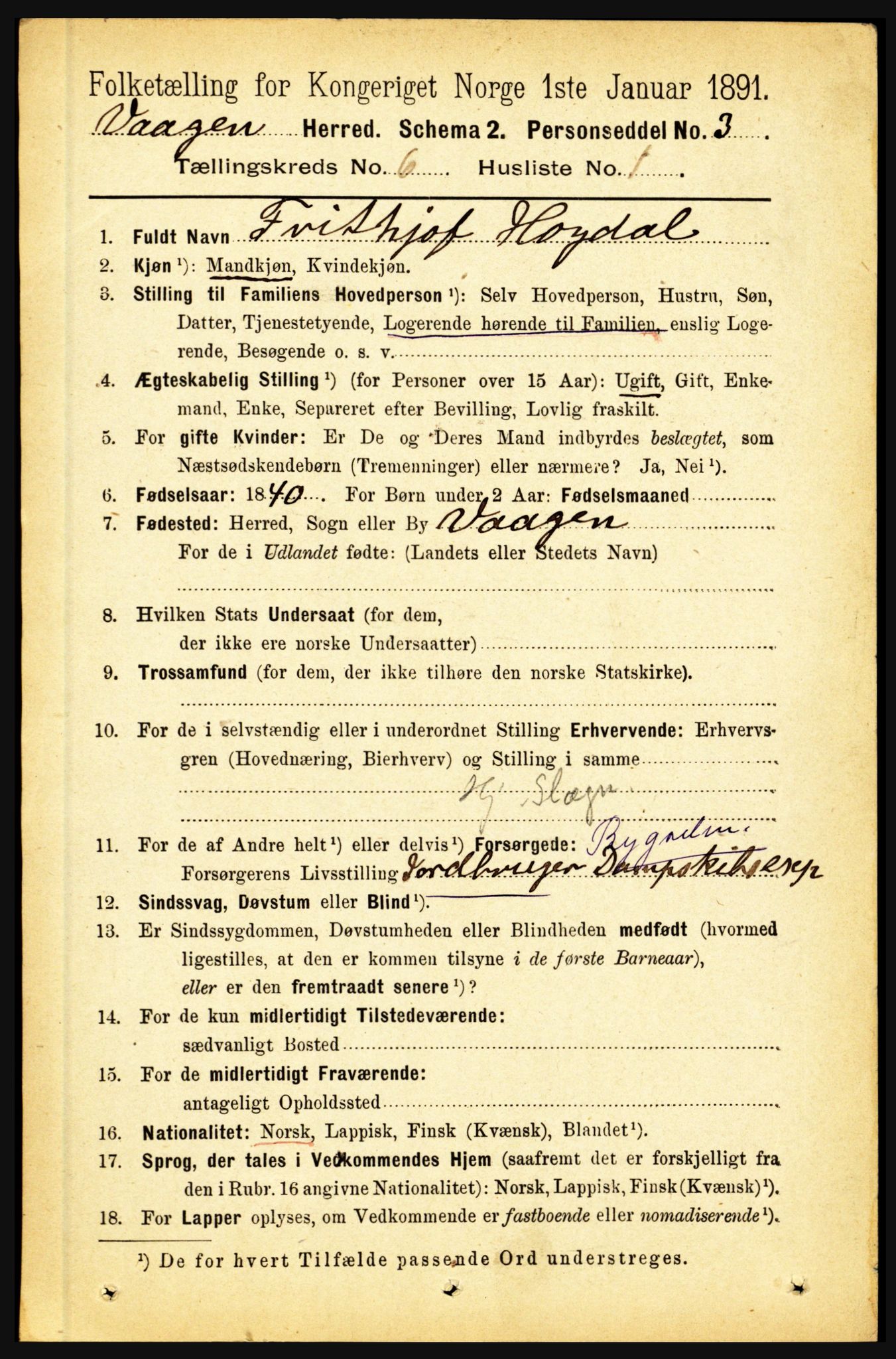 RA, 1891 census for 1865 Vågan, 1891, p. 1705