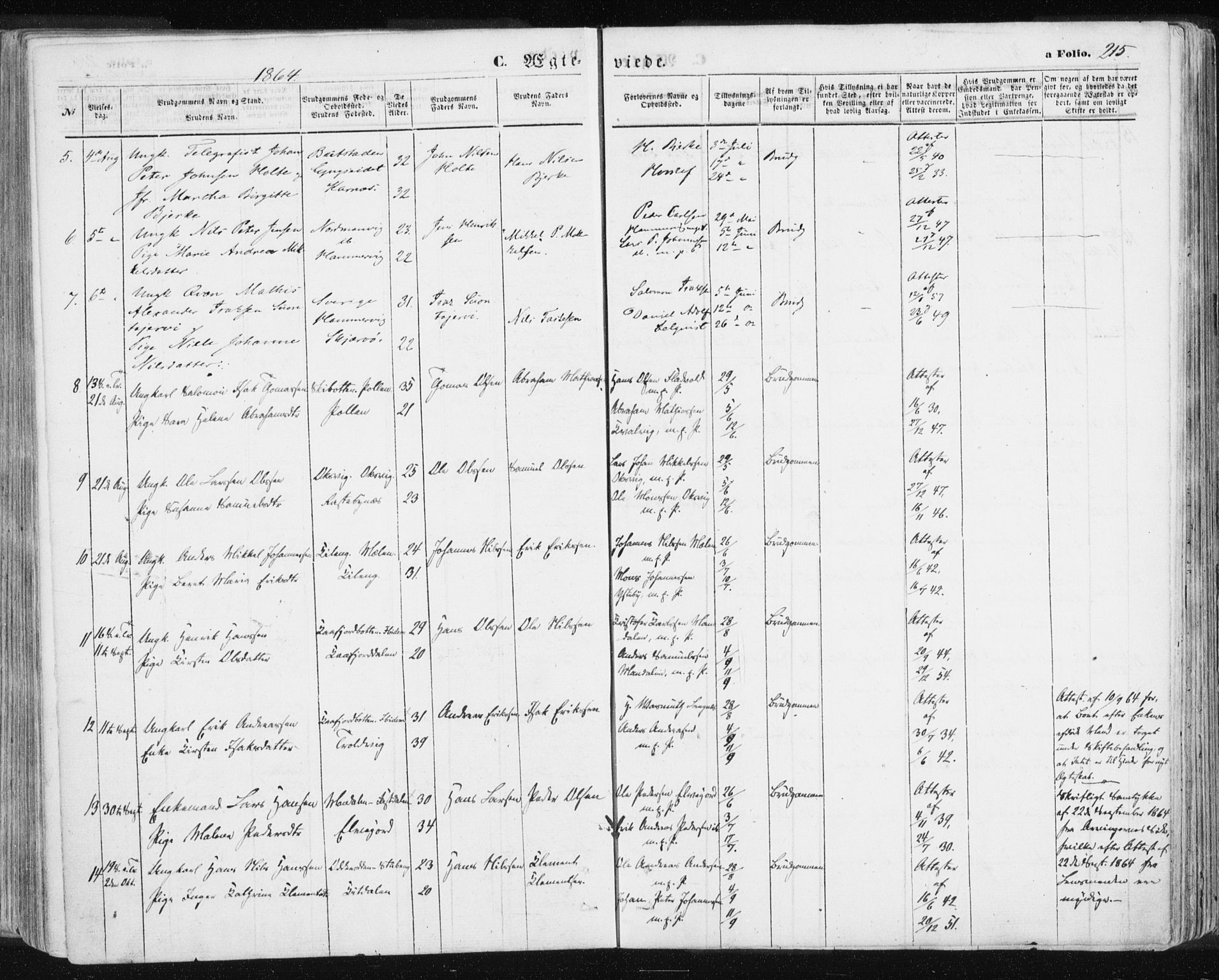 Lyngen sokneprestembete, AV/SATØ-S-1289/H/He/Hea/L0005kirke: Parish register (official) no. 5, 1859-1869, p. 215