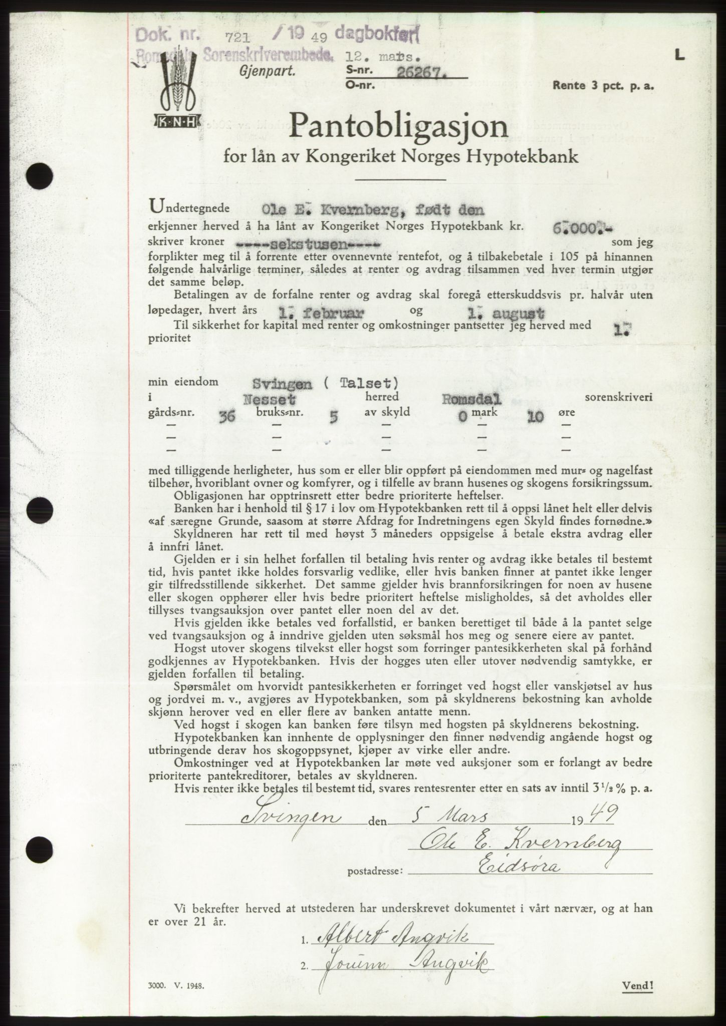 Romsdal sorenskriveri, AV/SAT-A-4149/1/2/2C: Mortgage book no. B4, 1948-1949, Diary no: : 721/1949