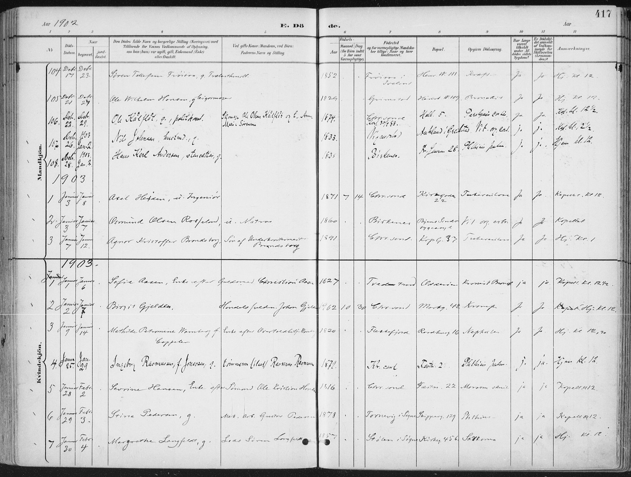 Kristiansand domprosti, AV/SAK-1112-0006/F/Fa/L0021: Parish register (official) no. A 20, 1898-1908, p. 417