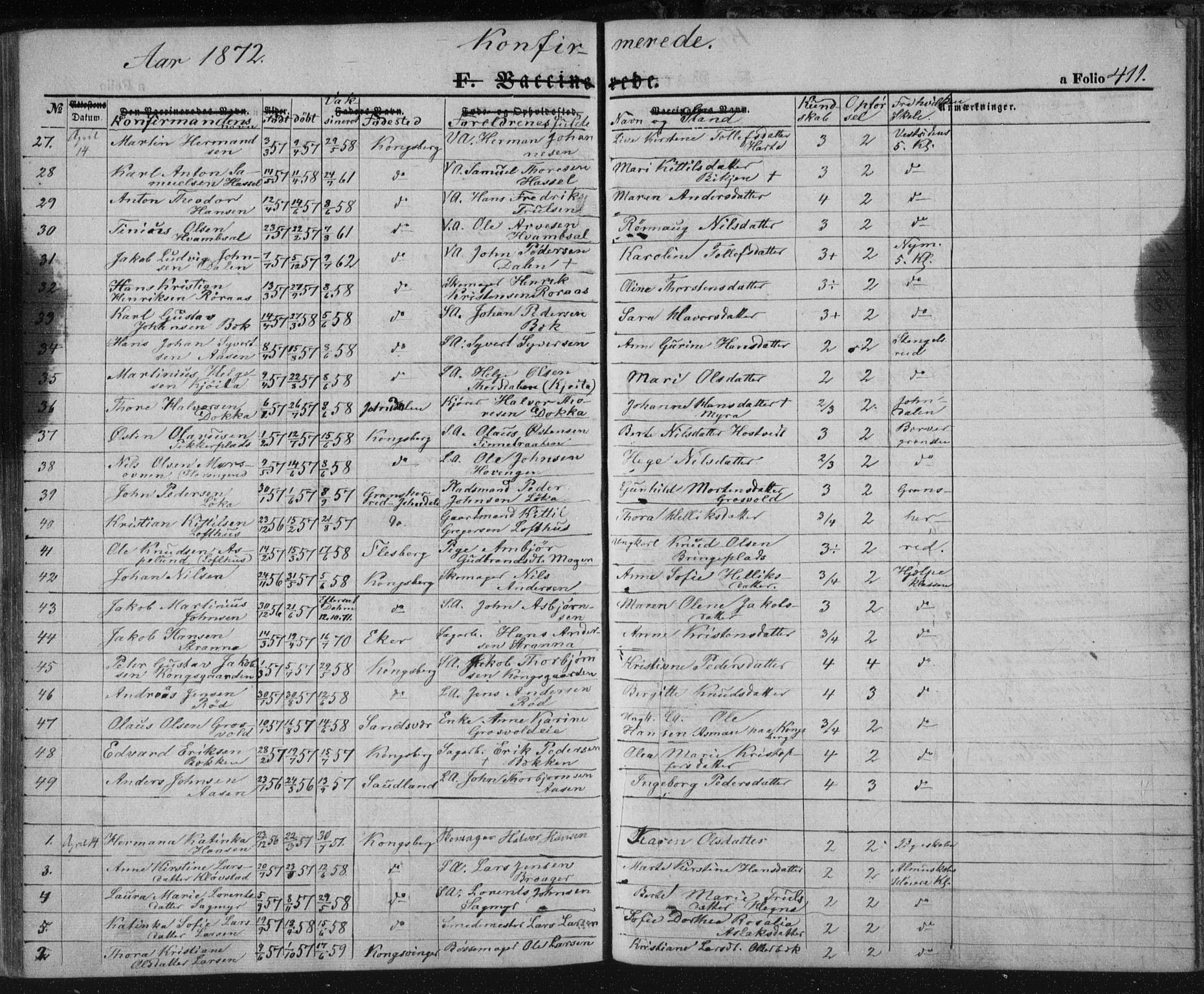 Kongsberg kirkebøker, SAKO/A-22/F/Fa/L0010: Parish register (official) no. I 10, 1859-1875, p. 411