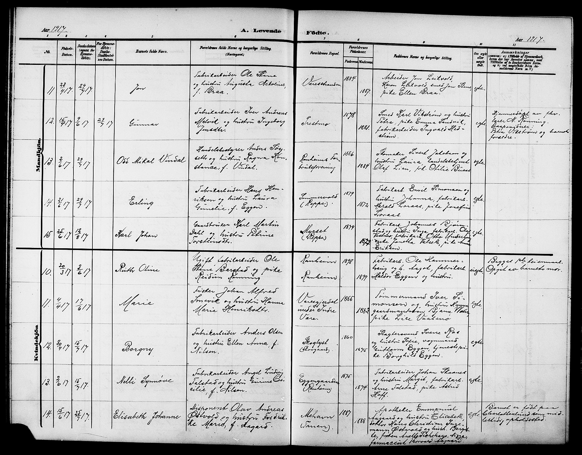 Ministerialprotokoller, klokkerbøker og fødselsregistre - Sør-Trøndelag, AV/SAT-A-1456/615/L0400: Parish register (copy) no. 615C01, 1905-1921