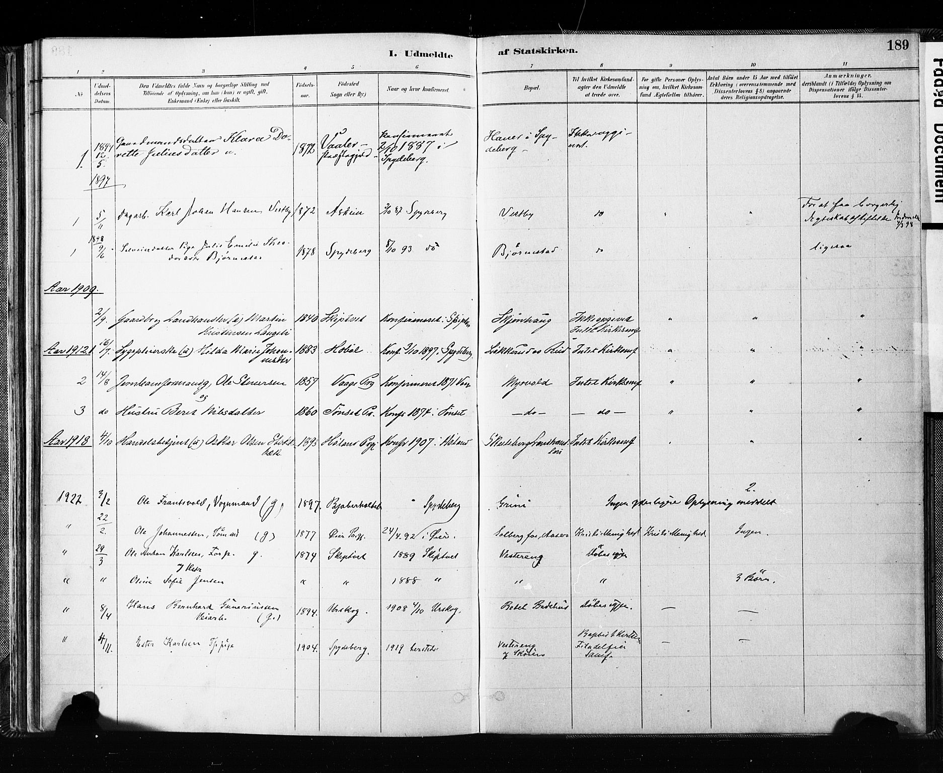 Spydeberg prestekontor Kirkebøker, AV/SAO-A-10924/F/Fa/L0008: Parish register (official) no. I 8, 1886-1900, p. 189