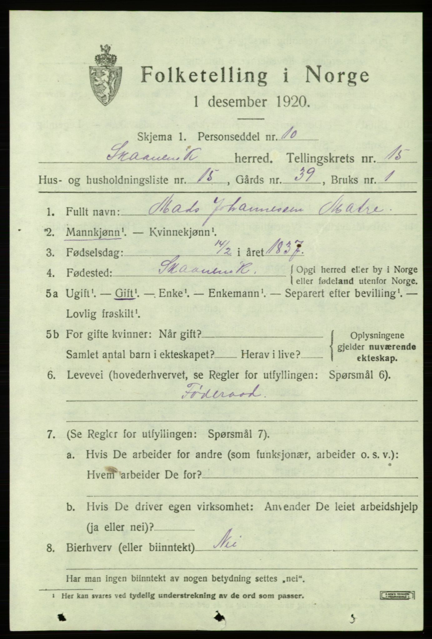 SAB, 1920 census for Skånevik, 1920, p. 6333