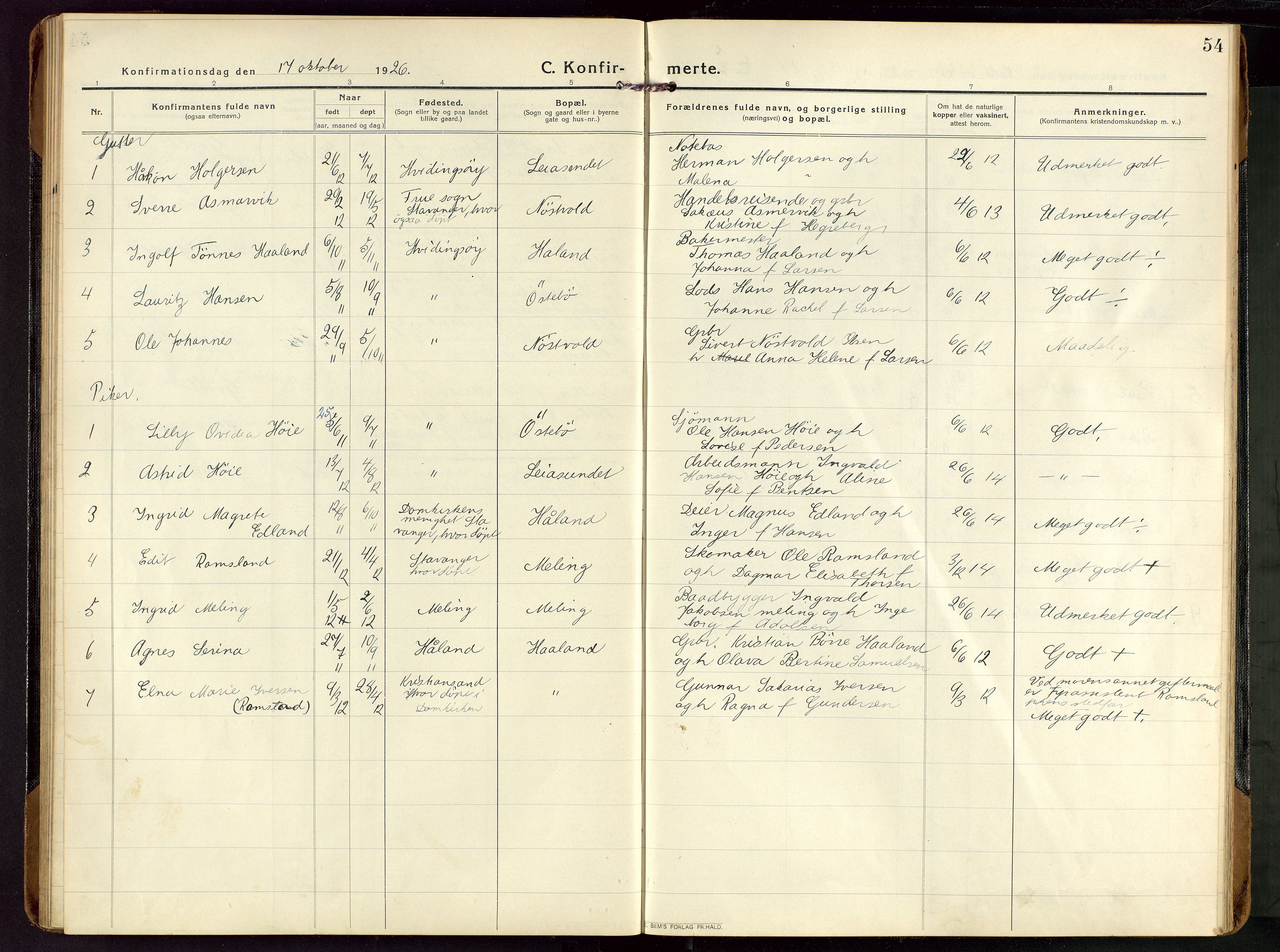 Rennesøy sokneprestkontor, AV/SAST-A -101827/H/Ha/Haa/L0018: Parish register (official) no. A 18, 1917-1937, p. 54