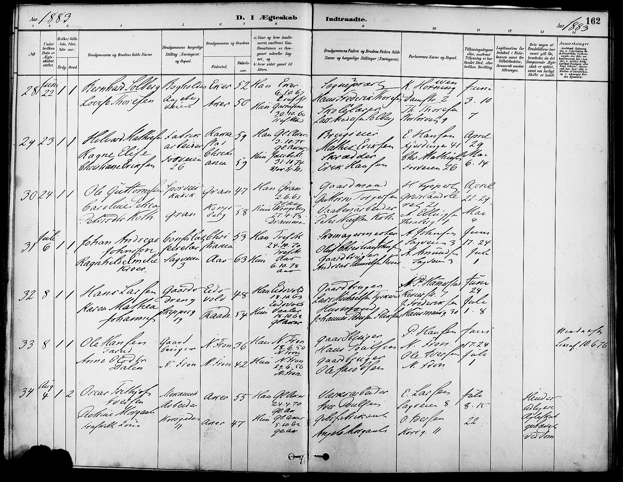 Gamle Aker prestekontor Kirkebøker, SAO/A-10617a/F/L0007: Parish register (official) no. 7, 1882-1890, p. 162