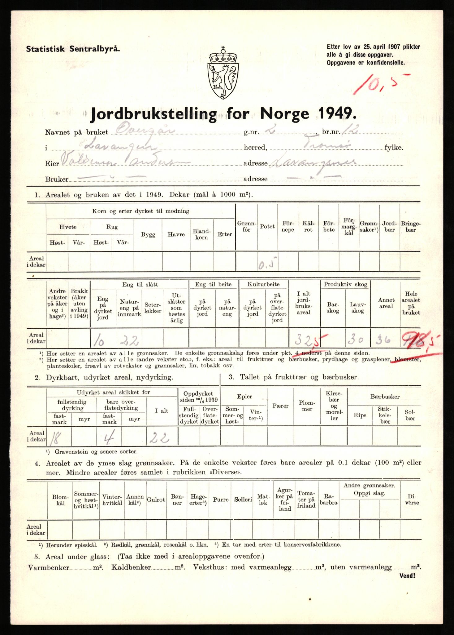 Statistisk sentralbyrå, Næringsøkonomiske emner, Jordbruk, skogbruk, jakt, fiske og fangst, AV/RA-S-2234/G/Gc/L0437: Troms: Gratangen og Lavangen, 1949, p. 357