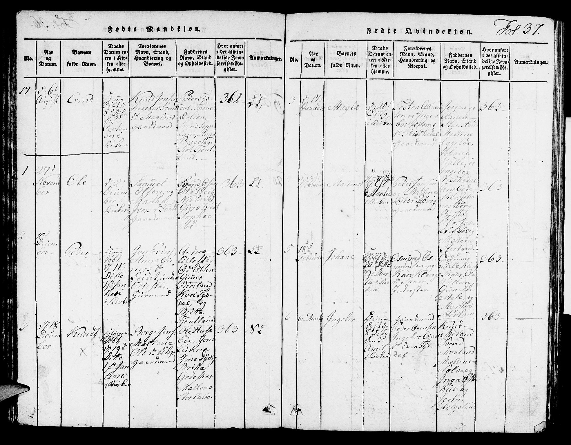 Hjelmeland sokneprestkontor, AV/SAST-A-101843/01/V/L0002: Parish register (copy) no. B 2, 1816-1841, p. 37