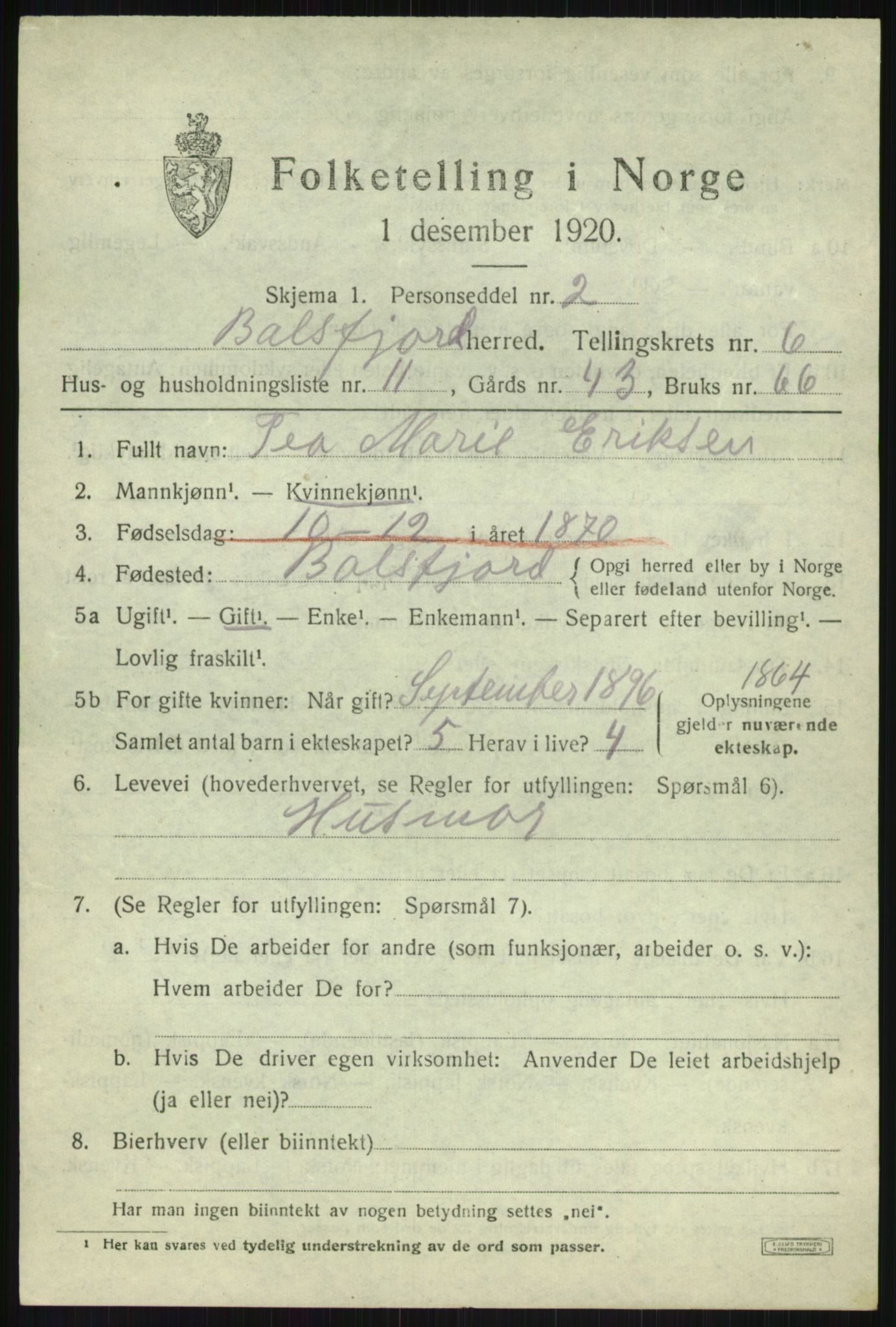 SATØ, 1920 census for Balsfjord, 1920, p. 3846