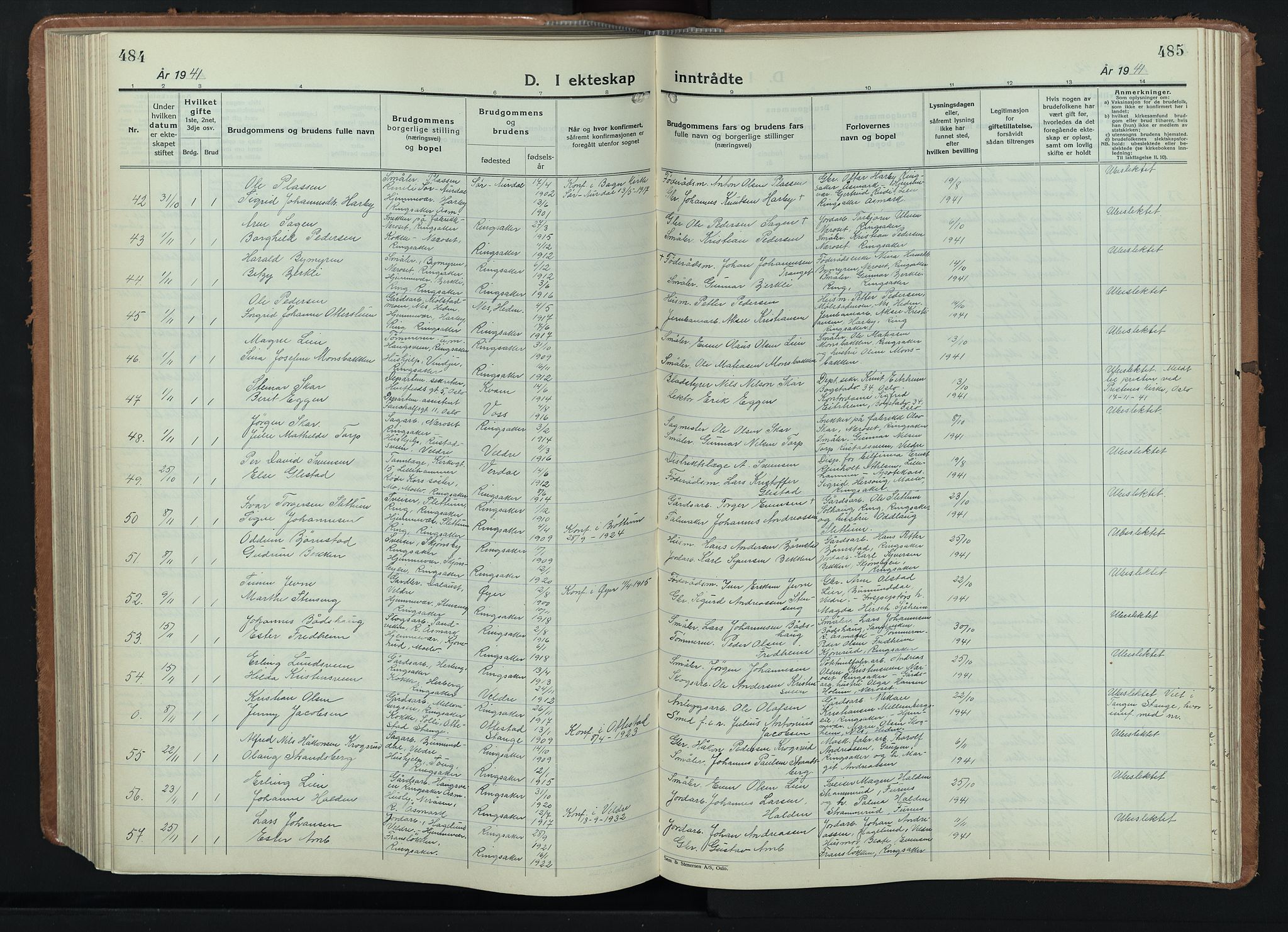 Ringsaker prestekontor, SAH/PREST-014/L/La/L0020: Parish register (copy) no. 20, 1934-1946, p. 484-485