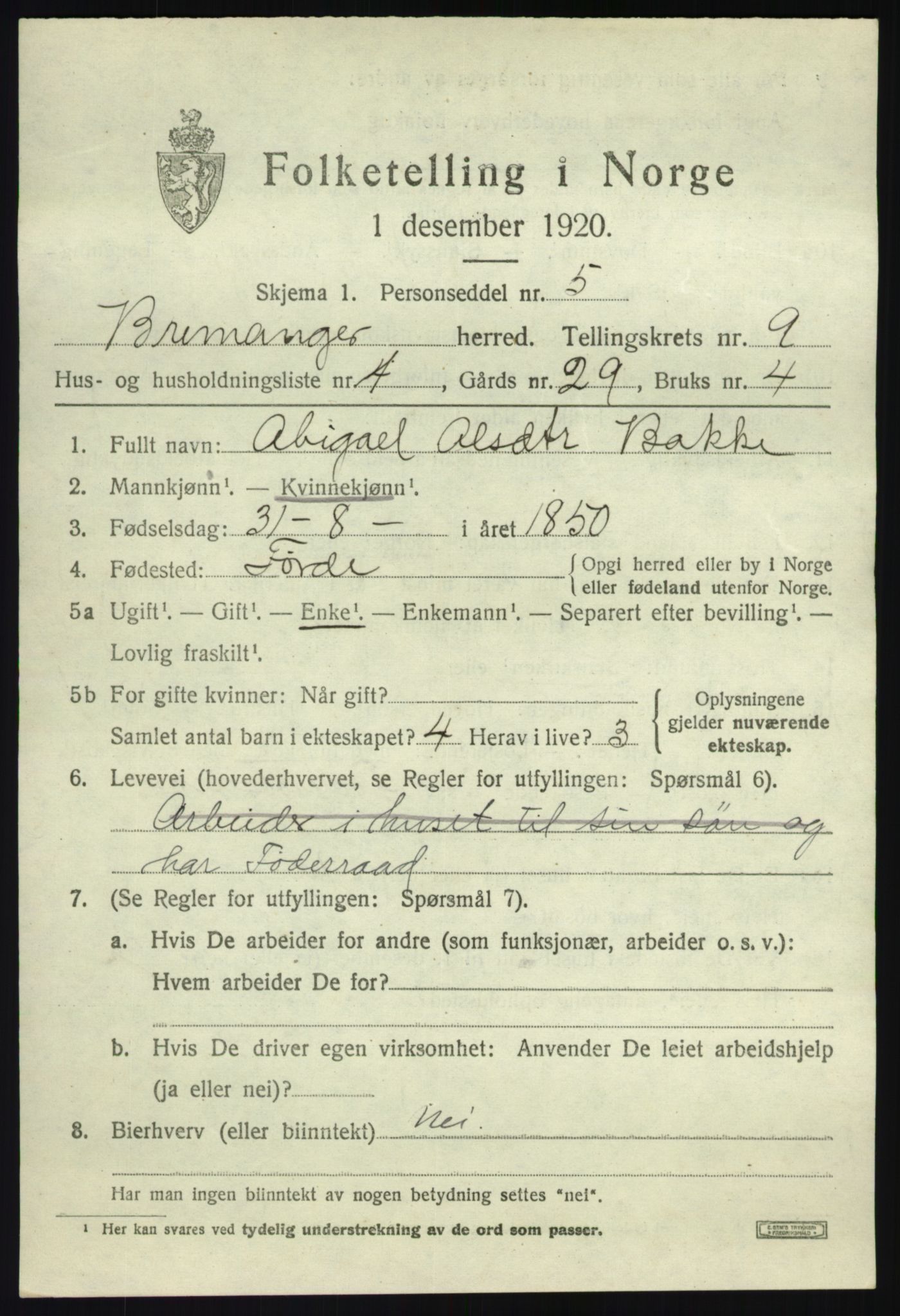 SAB, 1920 census for Bremanger, 1920, p. 5134