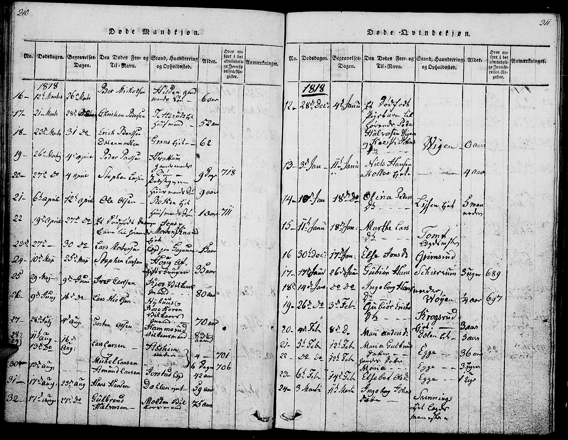 Gran prestekontor, SAH/PREST-112/H/Ha/Hab/L0001: Parish register (copy) no. 1, 1815-1824, p. 210-211