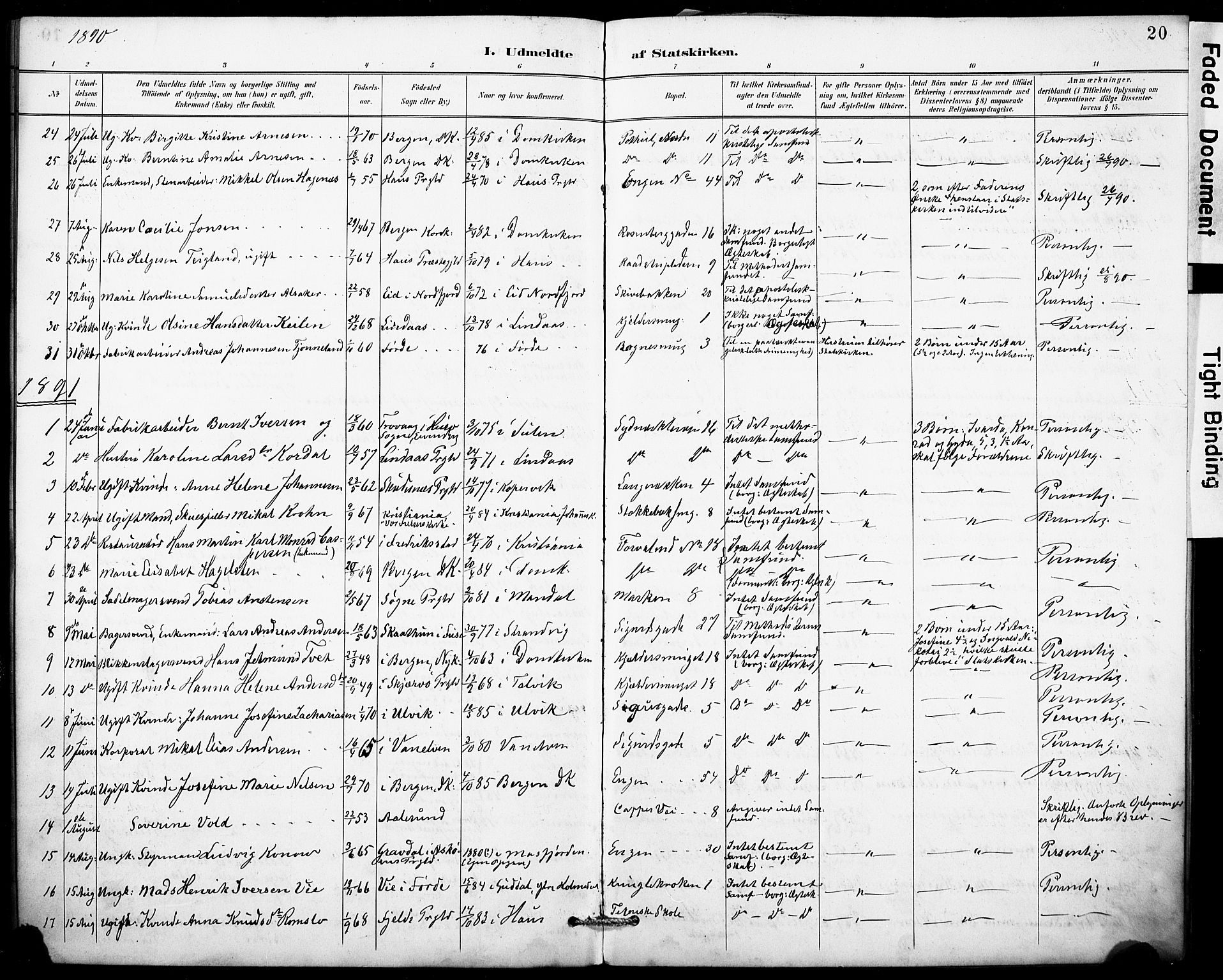 Domkirken sokneprestembete, SAB/A-74801/H/Haa: Parish register (official) no. I 1, 1887-1908, p. 20
