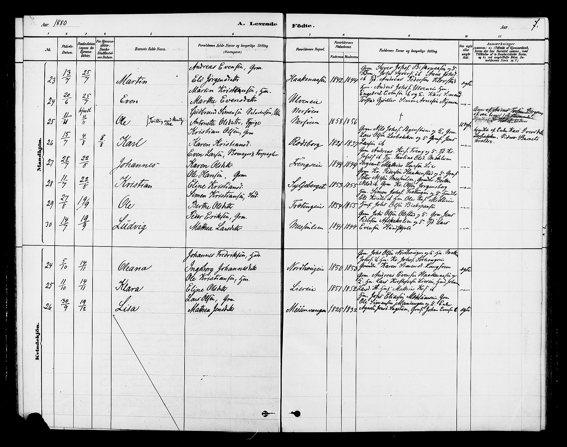 Ringsaker prestekontor, AV/SAH-PREST-014/L/La/L0010: Parish register (copy) no. 10, 1879-1890, p. 7