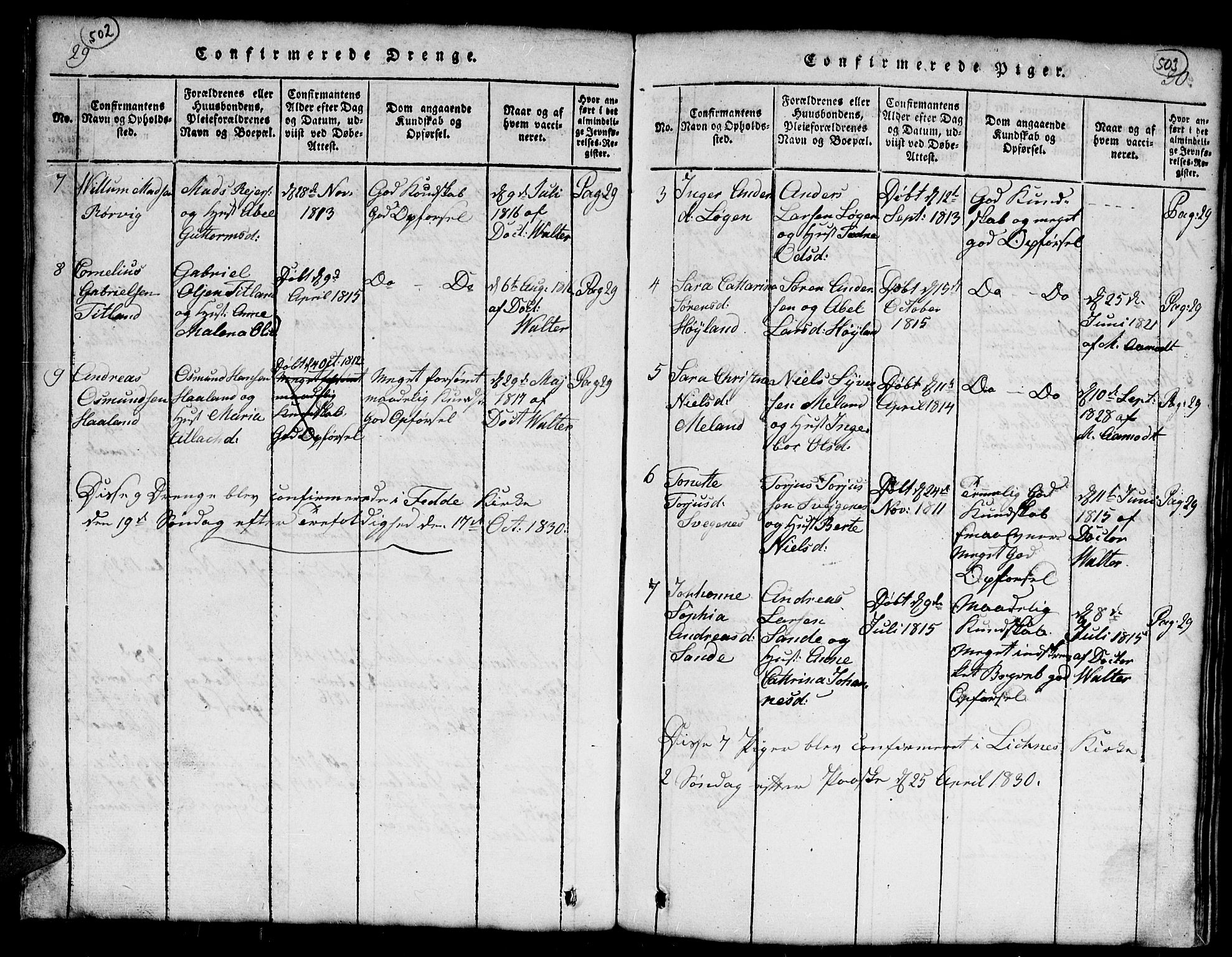 Kvinesdal sokneprestkontor, SAK/1111-0026/F/Fb/Fba/L0001: Parish register (copy) no. B 1, 1815-1839, p. 502-503