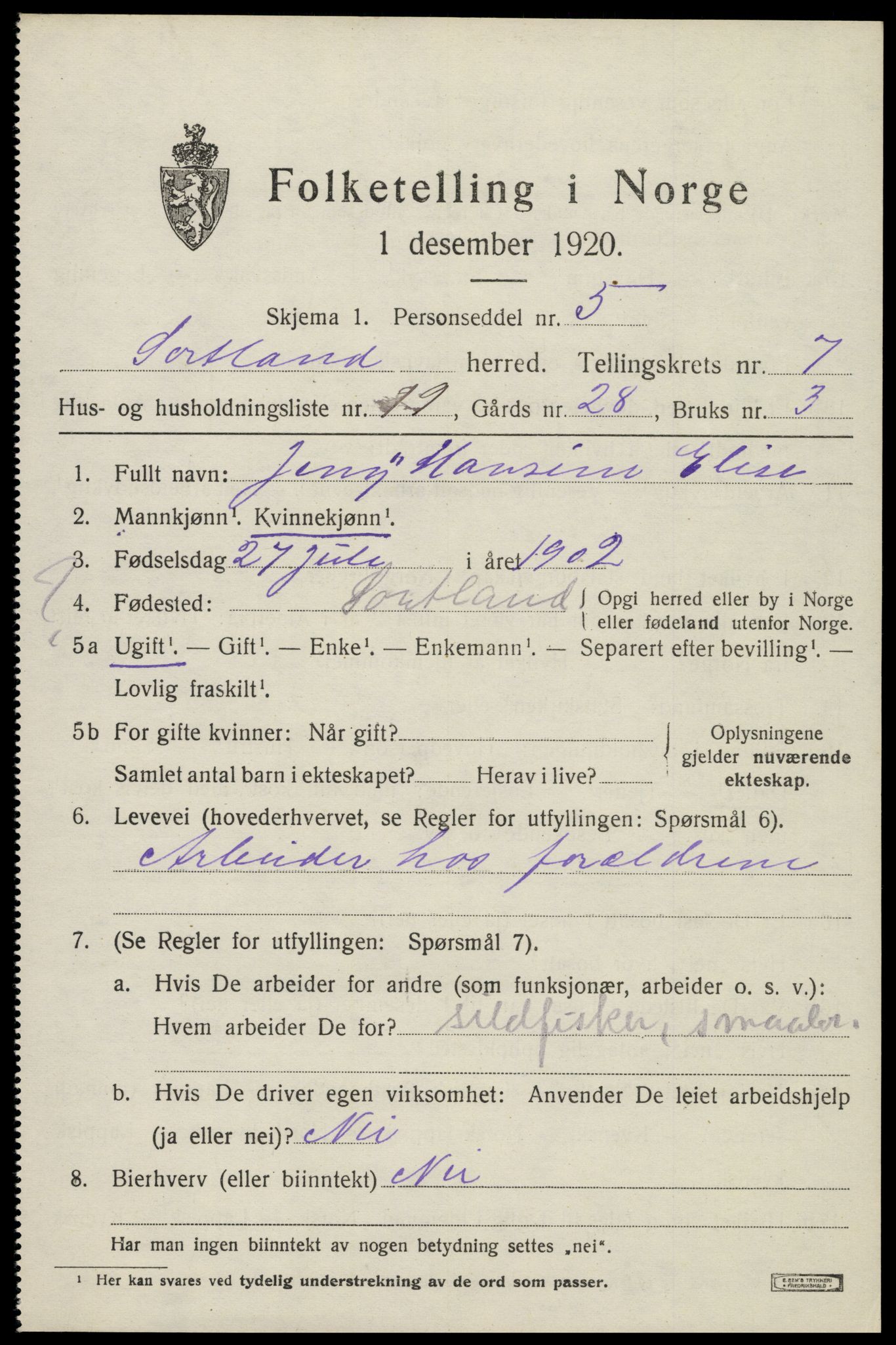 SAT, 1920 census for Sortland, 1920, p. 6770