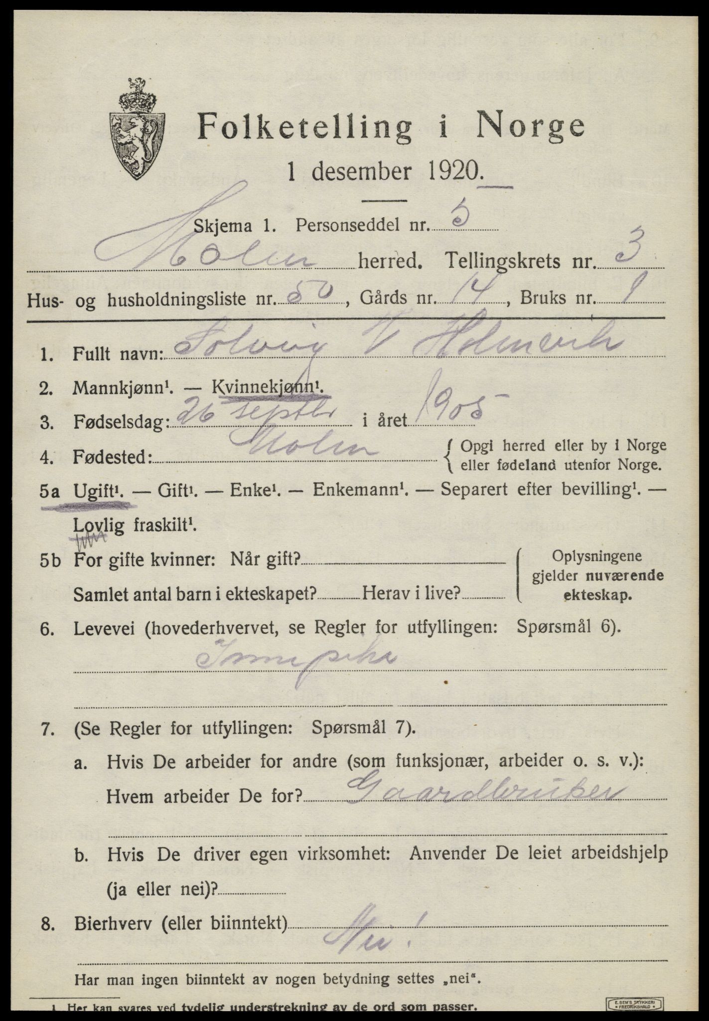 SAT, 1920 census for Malm, 1920, p. 2483