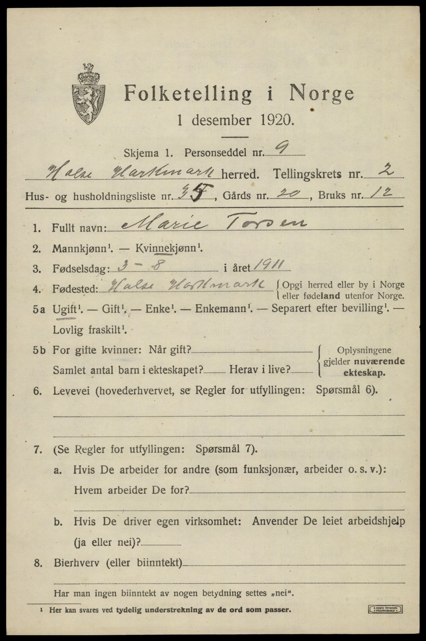 SAK, 1920 census for Halse og Harkmark, 1920, p. 2407