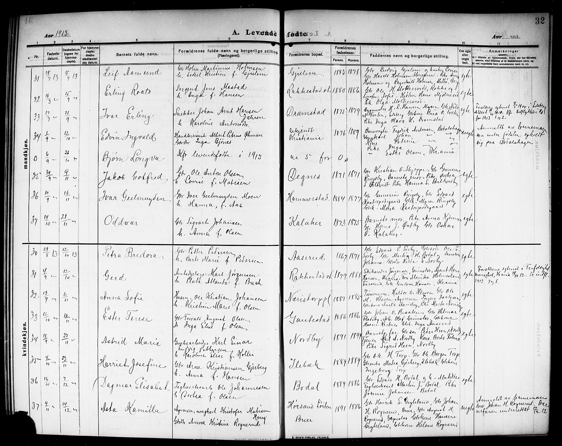 Rakkestad prestekontor Kirkebøker, AV/SAO-A-2008/G/Ga/L0001: Parish register (copy) no. I 1, 1909-1920, p. 32