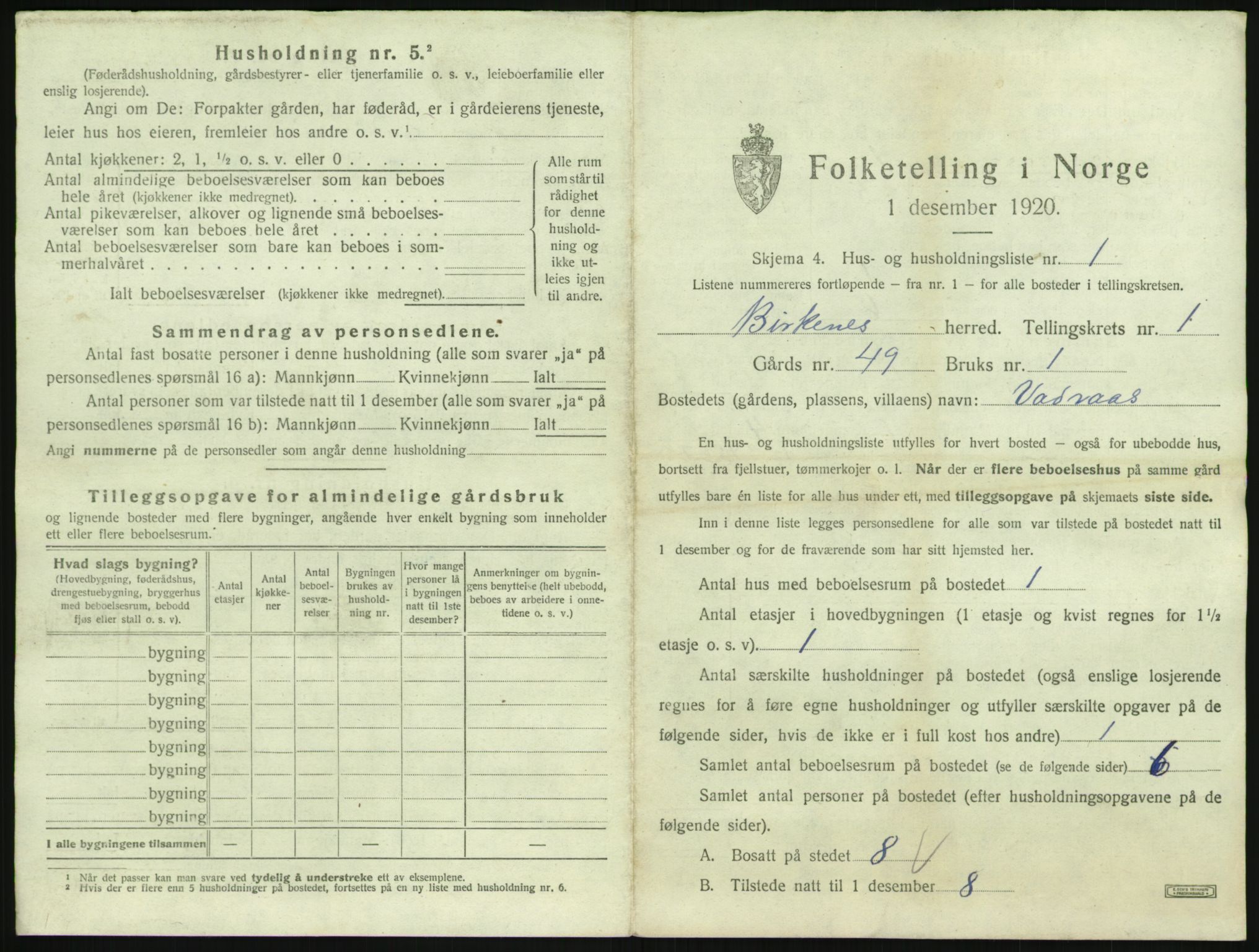 SAK, 1920 census for Birkenes, 1920, p. 35