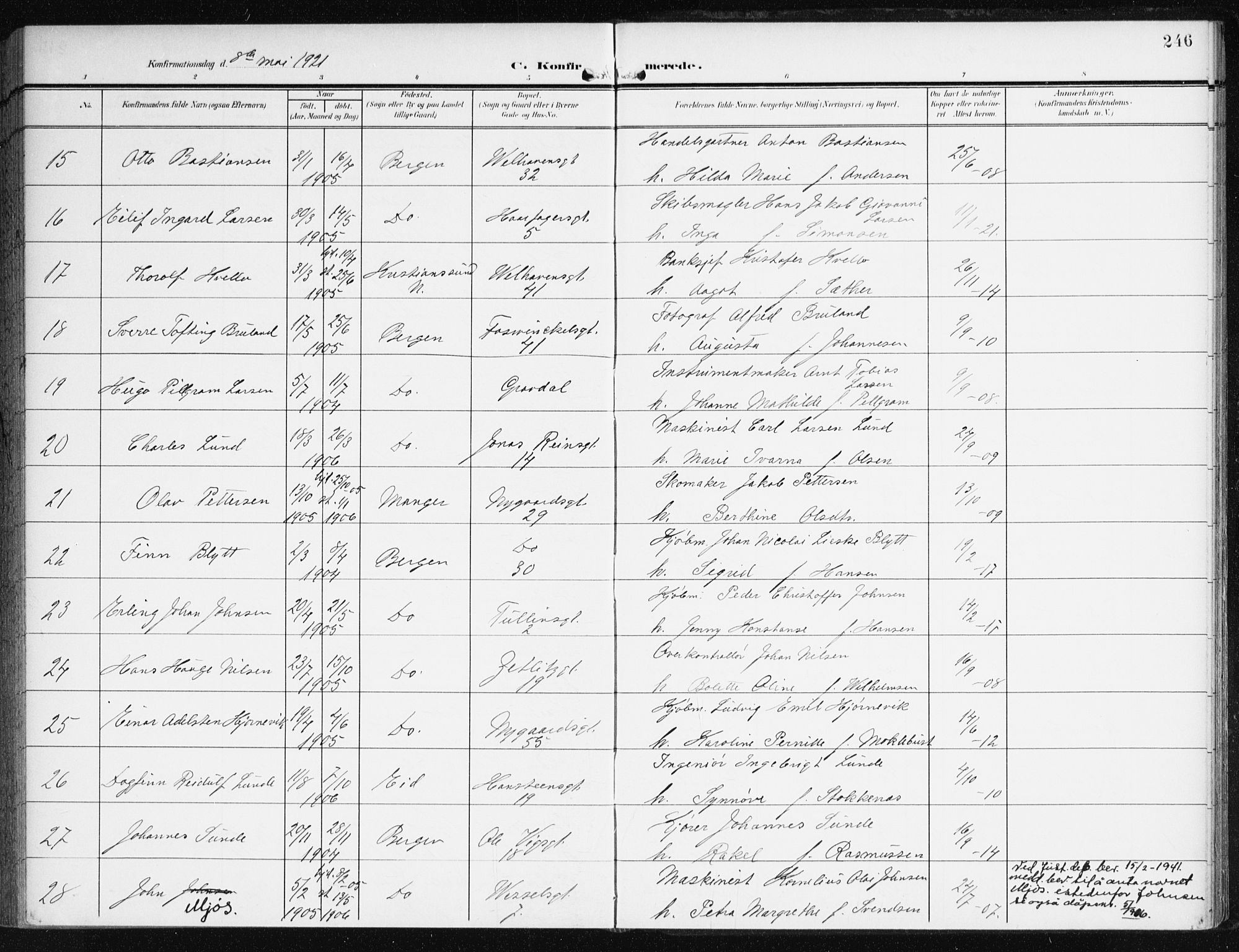 Johanneskirken sokneprestembete, AV/SAB-A-76001/H/Haa/L0009: Parish register (official) no. C 2, 1907-1924, p. 246