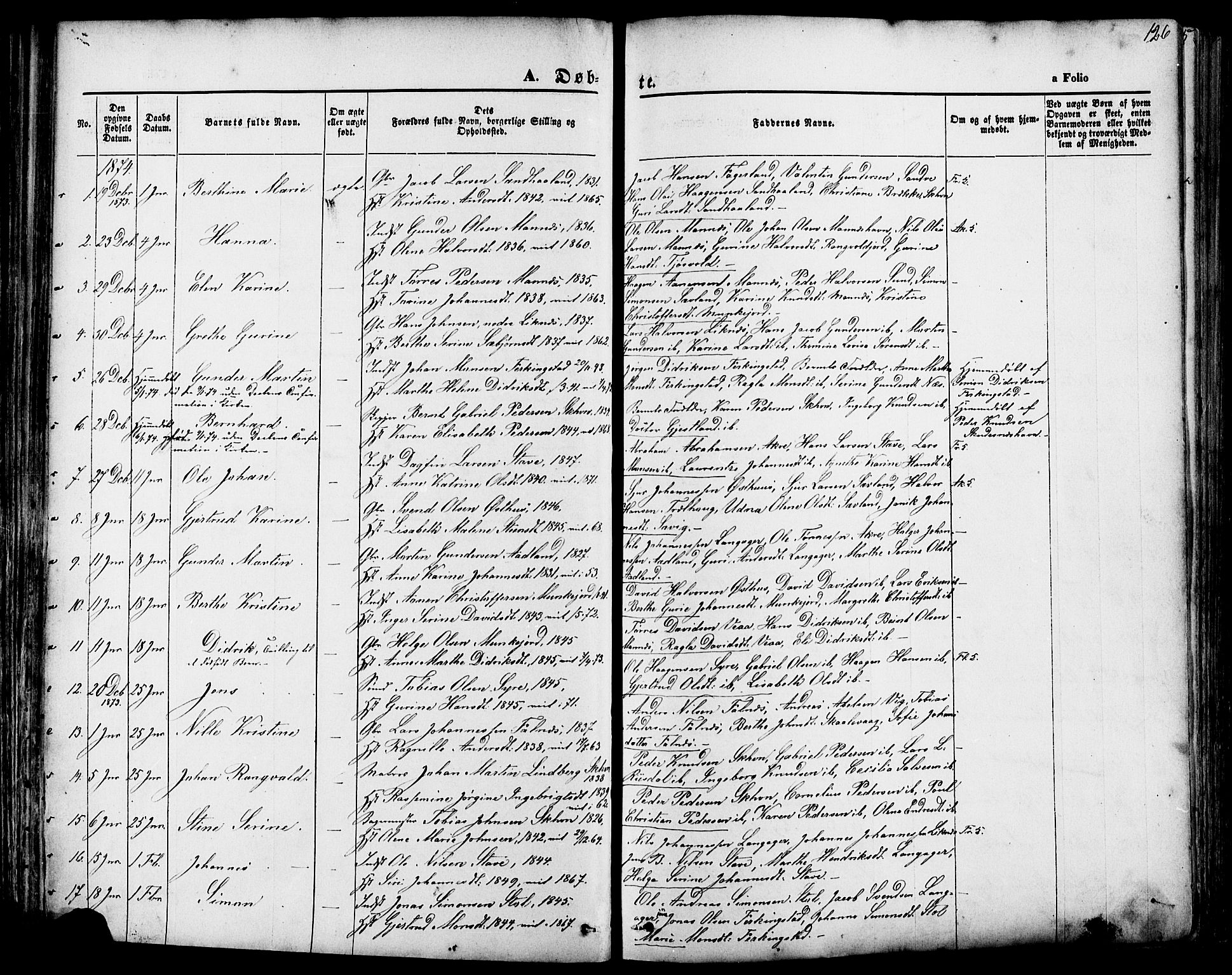 Skudenes sokneprestkontor, SAST/A -101849/H/Ha/Haa/L0006: Parish register (official) no. A 4, 1864-1881, p. 126