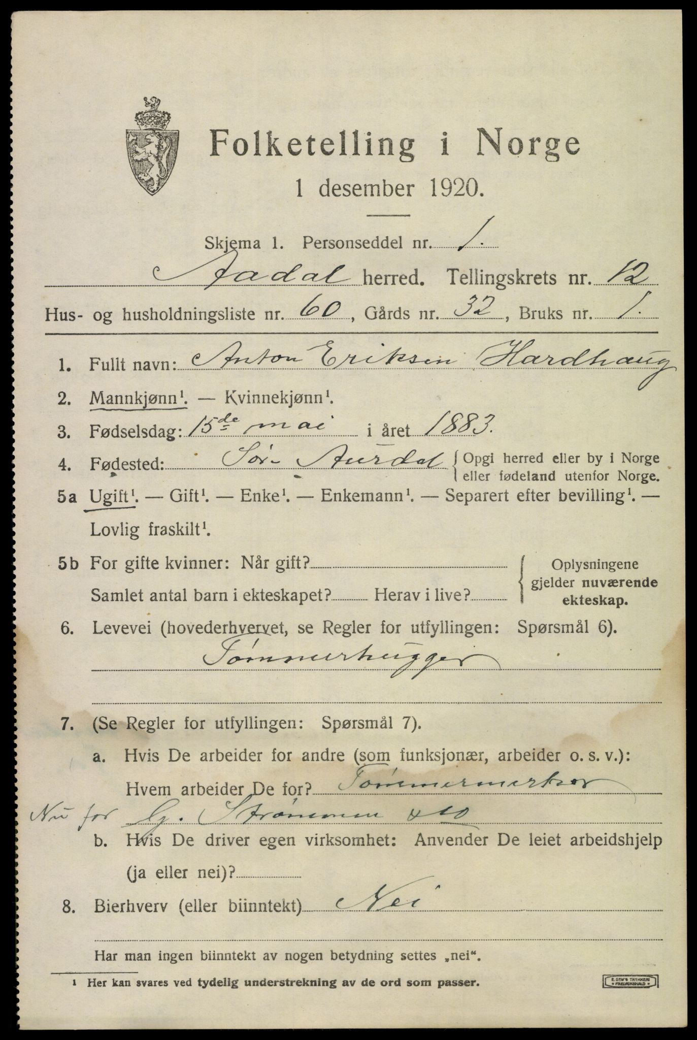 SAKO, 1920 census for Ådal, 1920, p. 7656