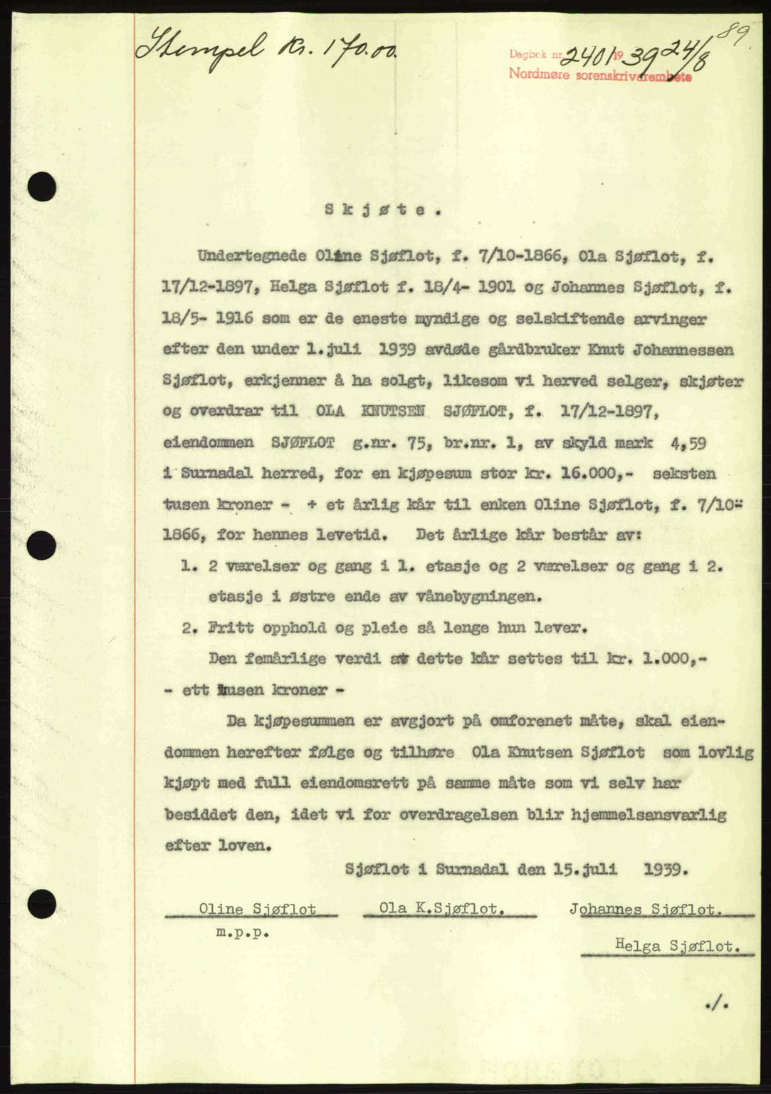 Nordmøre sorenskriveri, AV/SAT-A-4132/1/2/2Ca: Mortgage book no. A87, 1939-1940, Diary no: : 2401/1939