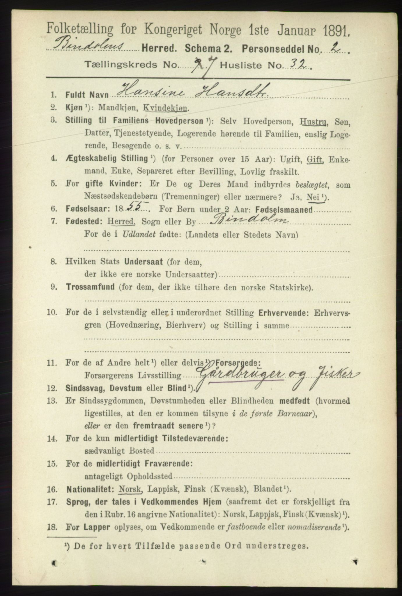 RA, 1891 census for 1811 Bindal, 1891, p. 2464