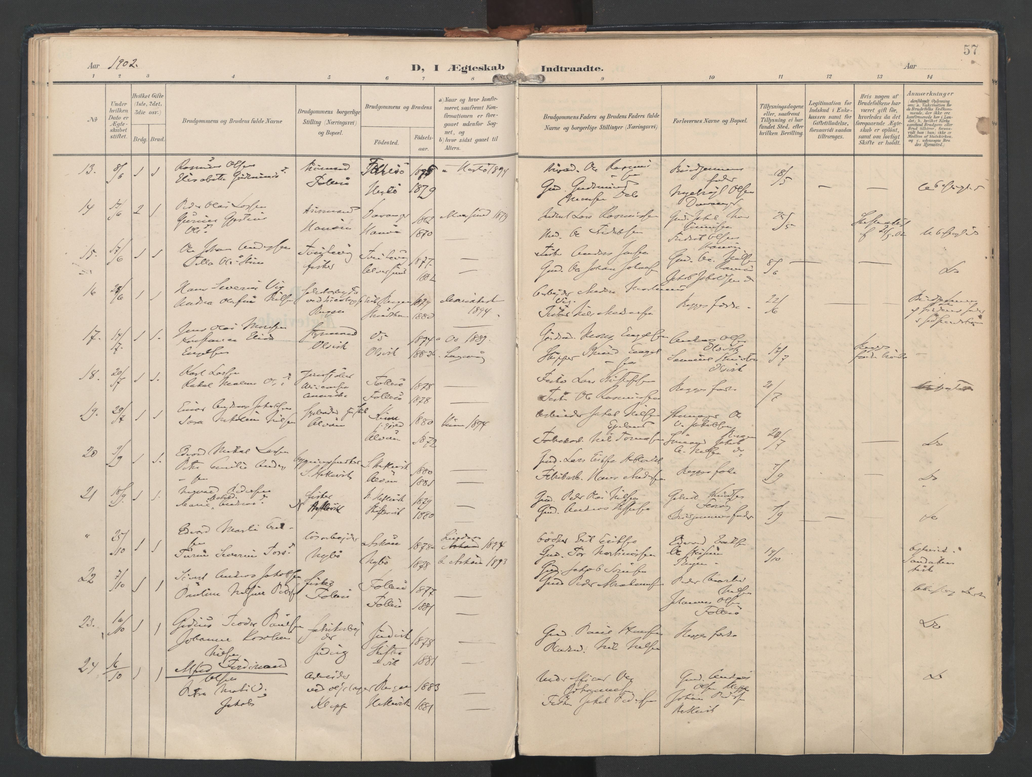 Askøy Sokneprestembete, SAB/A-74101/H/Ha/Haa/Haad/L0001: Parish register (official) no. D 1, 1902-1916, p. 57