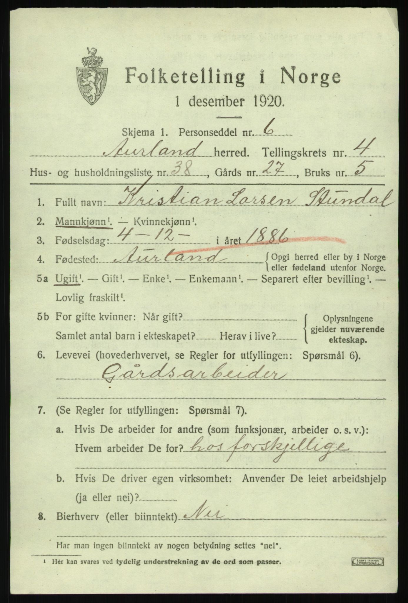 SAB, 1920 census for Aurland, 1920, p. 3038