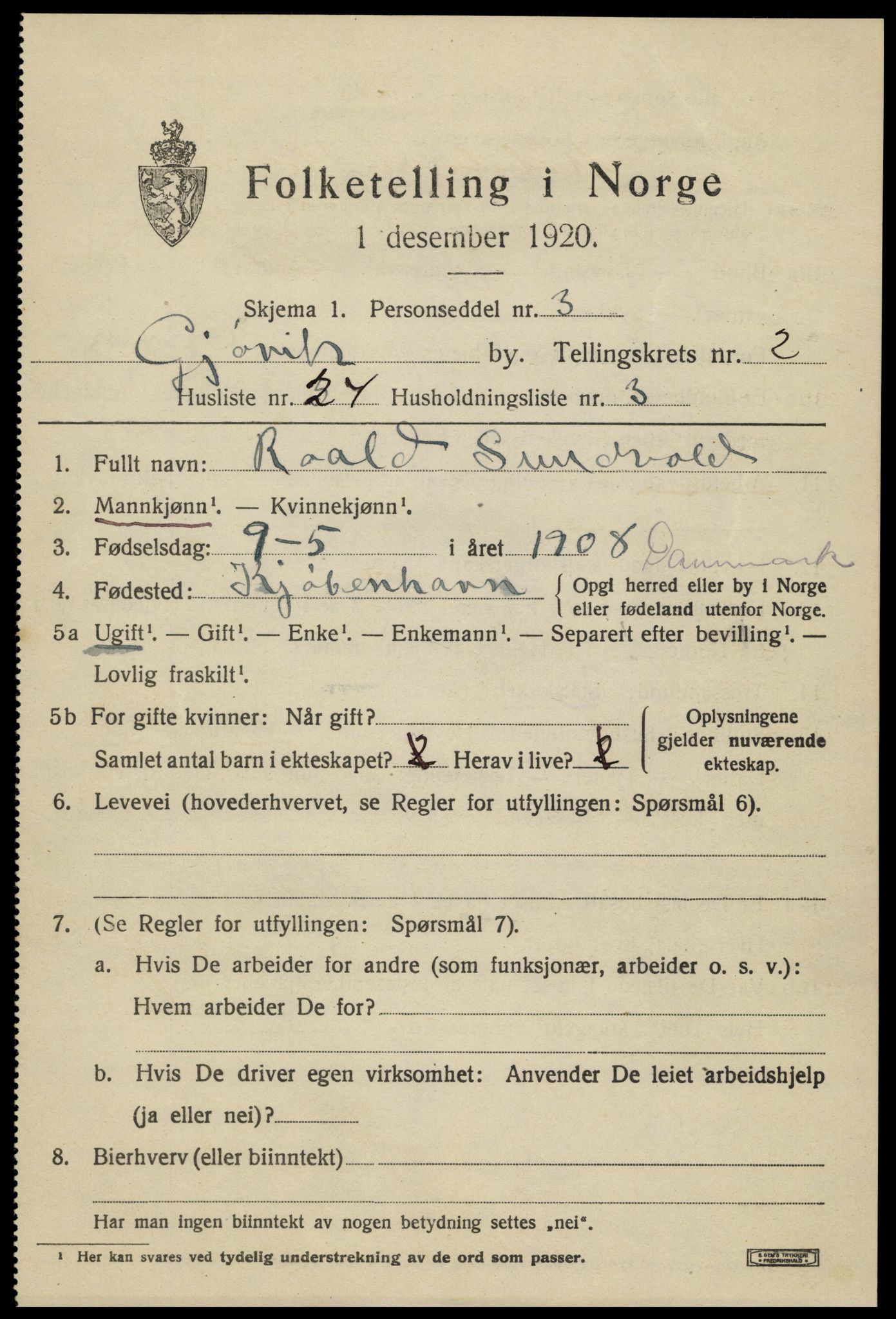 SAH, 1920 census for Gjøvik, 1920, p. 5158