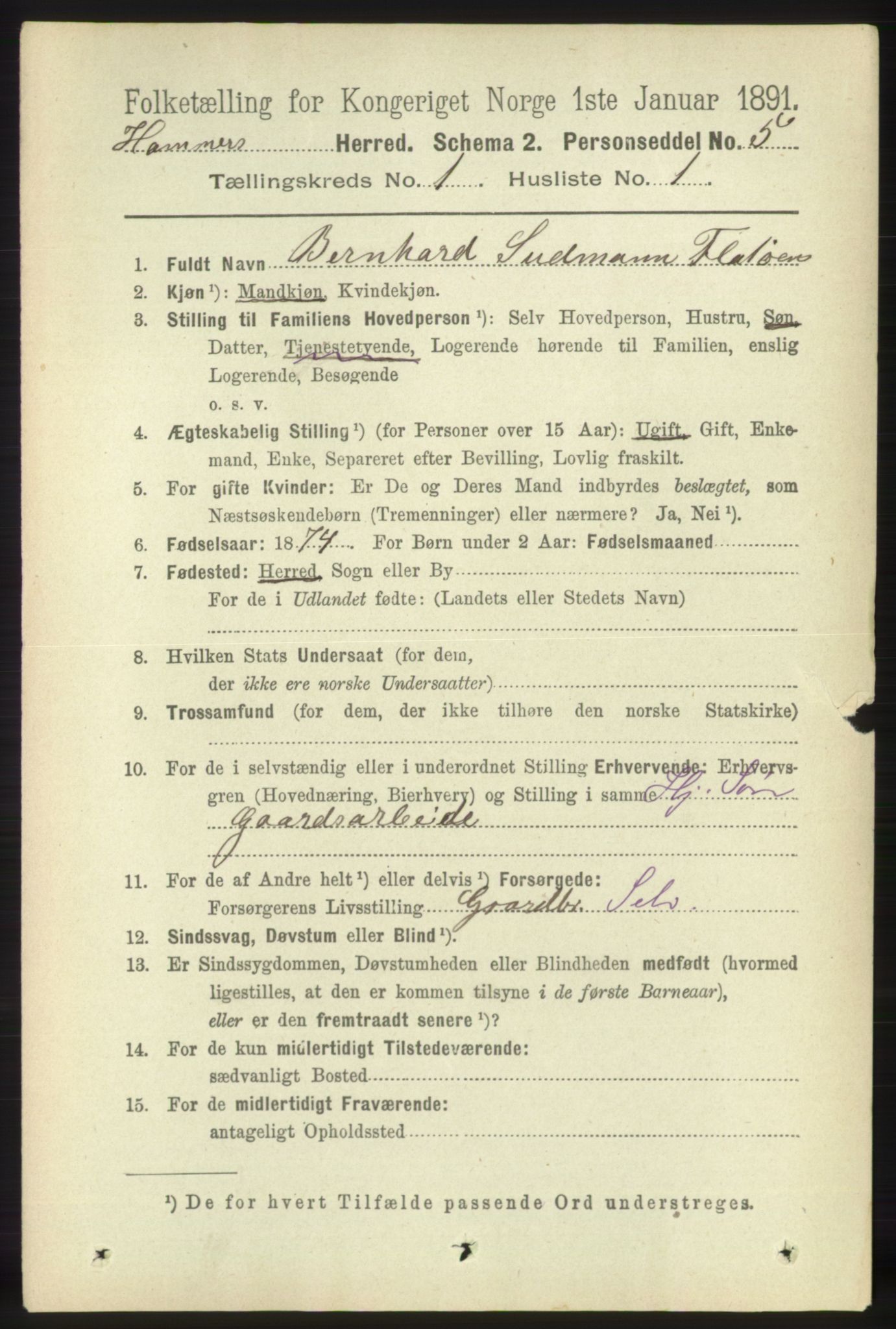 RA, 1891 census for 1254 Hamre, 1891, p. 68