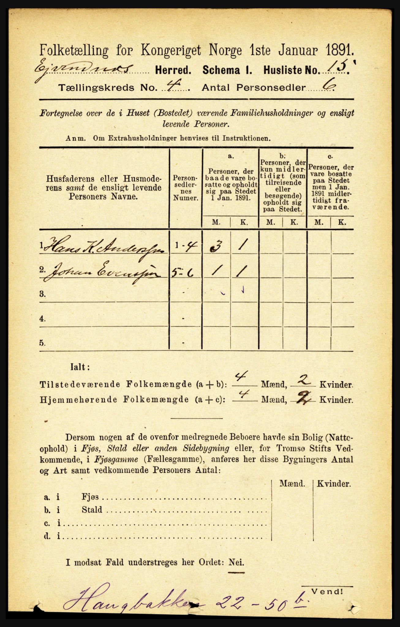 RA, 1891 census for 1853 Evenes, 1891, p. 1190