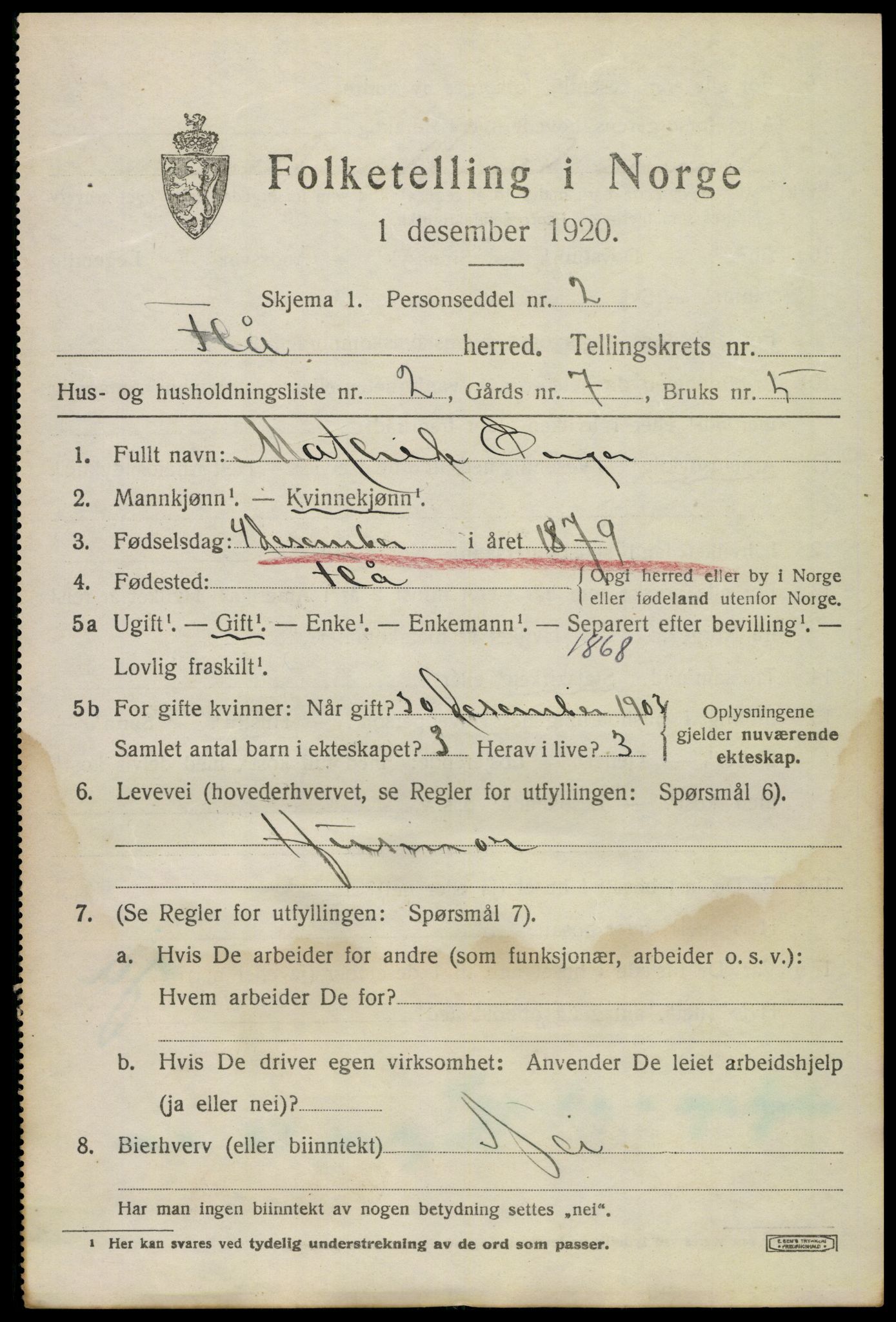 SAKO, 1920 census for Flå, 1920, p. 1377