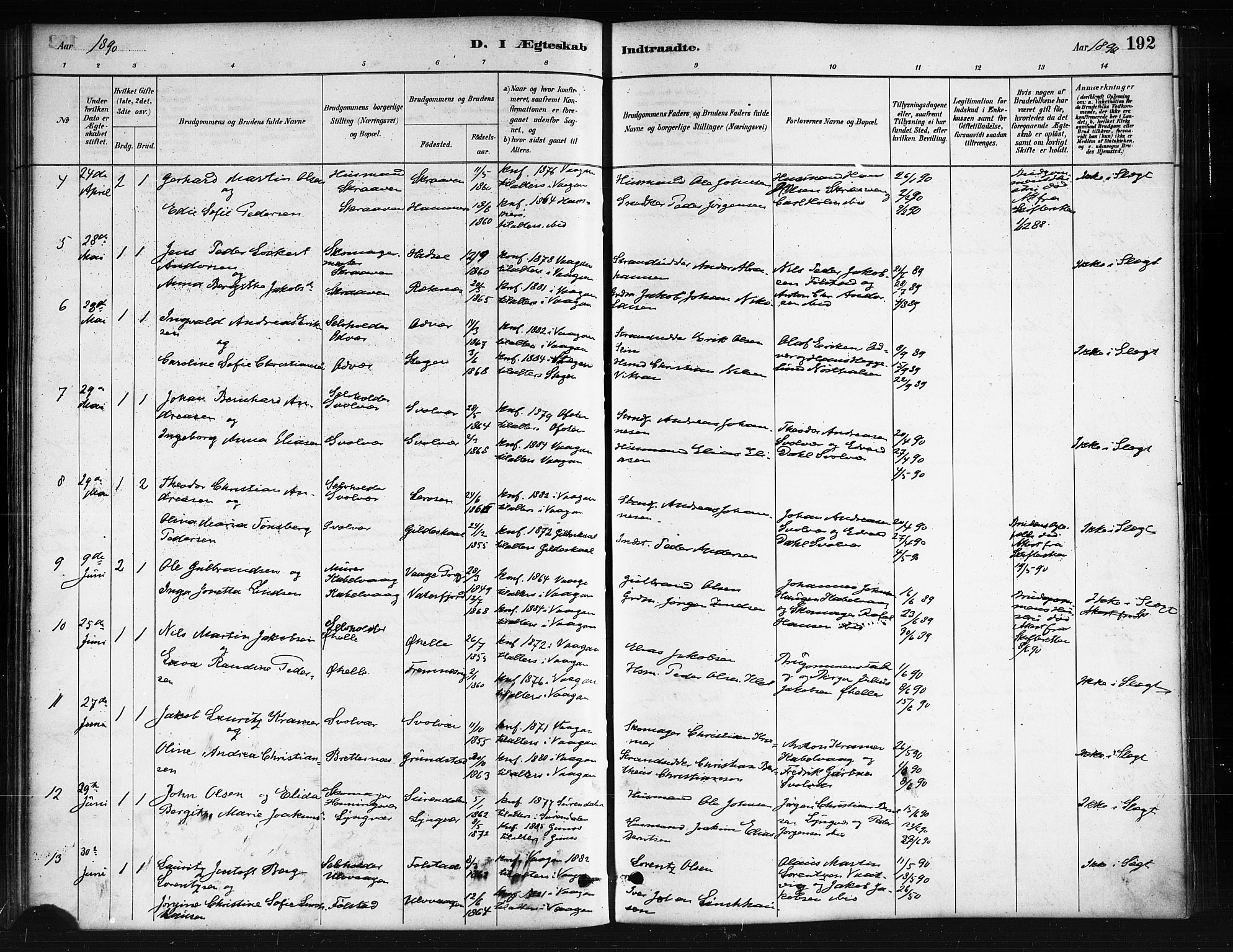 Ministerialprotokoller, klokkerbøker og fødselsregistre - Nordland, AV/SAT-A-1459/874/L1059: Parish register (official) no. 874A03, 1884-1890, p. 192