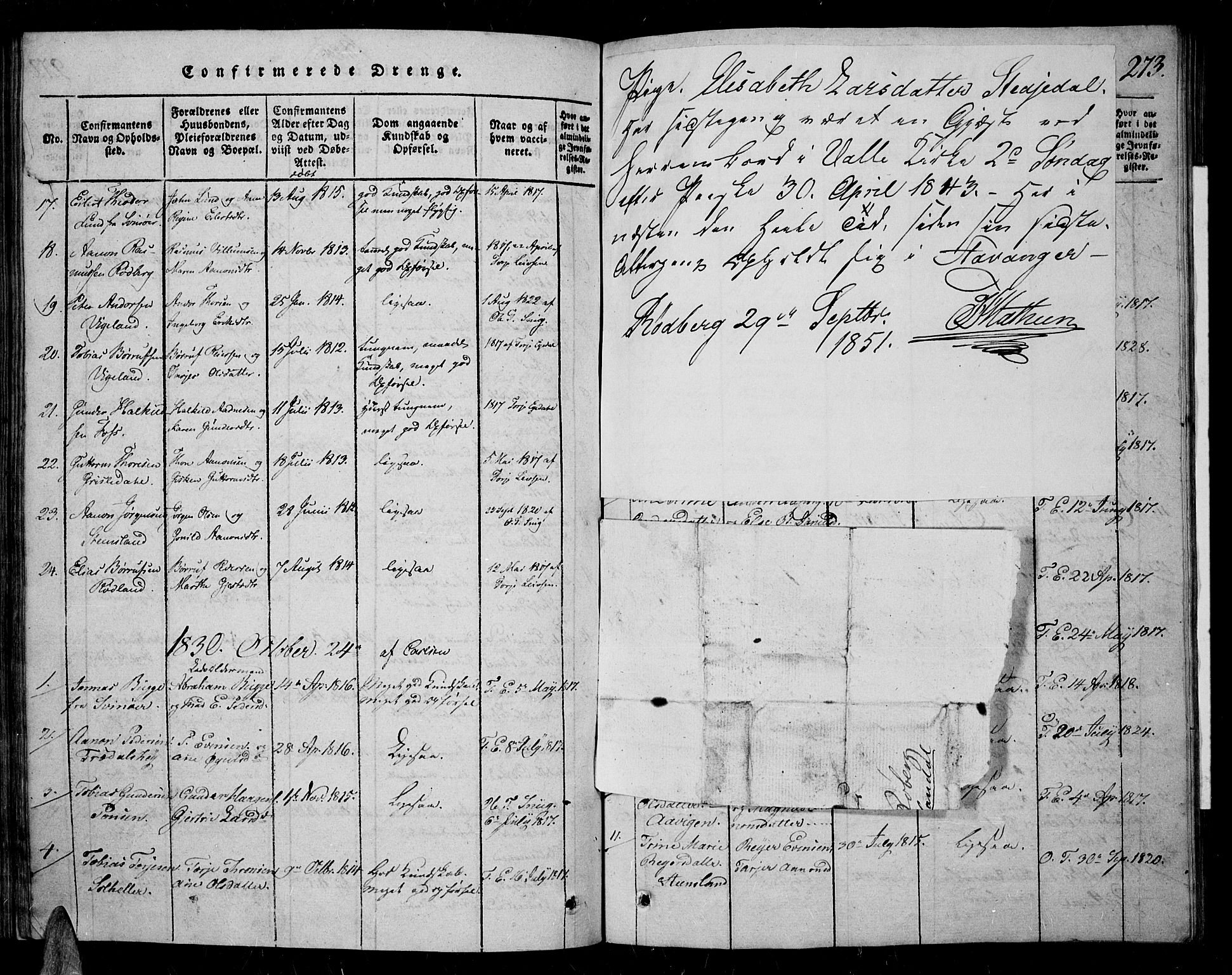 Sør-Audnedal sokneprestkontor, AV/SAK-1111-0039/F/Fa/Fab/L0005: Parish register (official) no. A 5, 1816-1830, p. 273