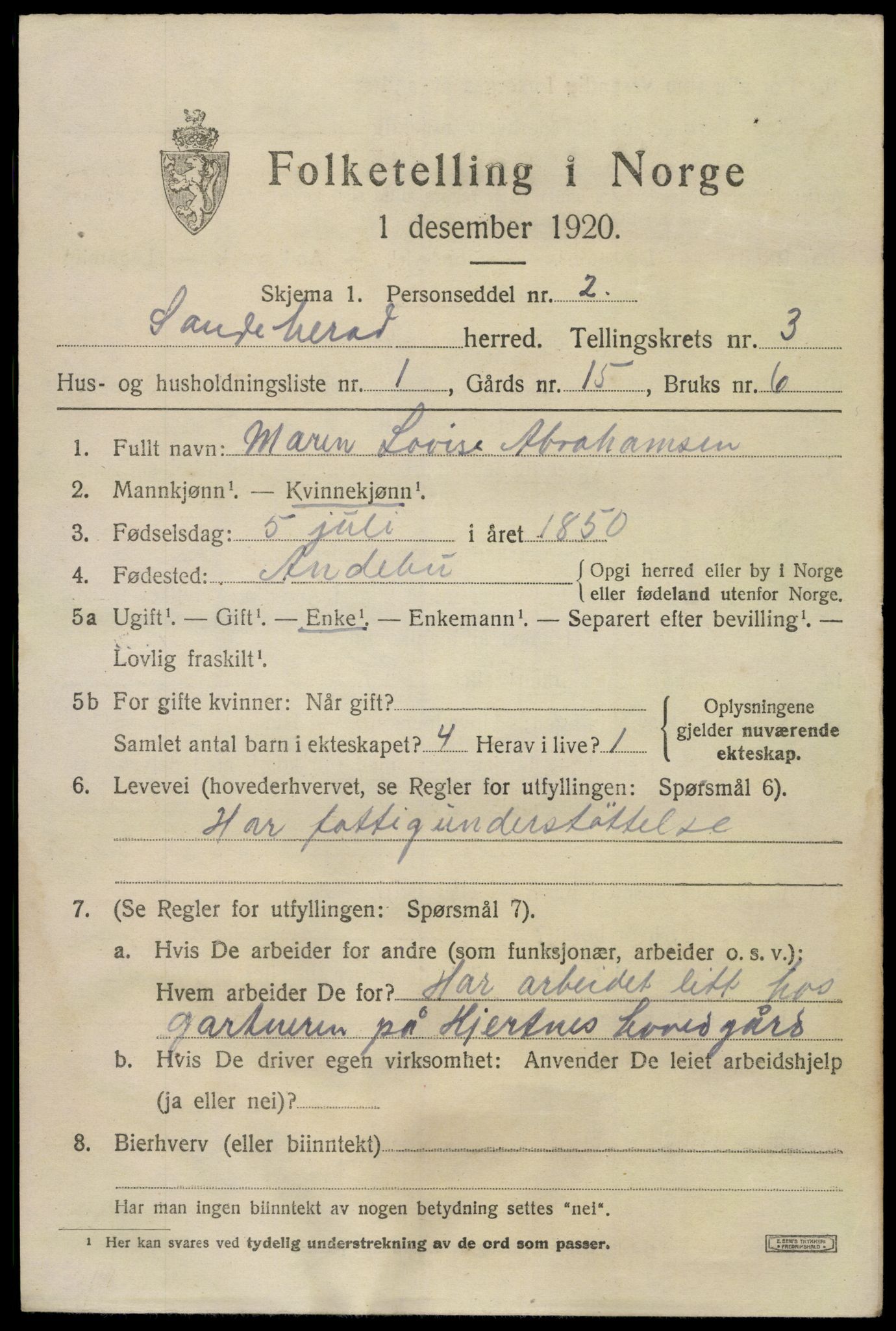 SAKO, 1920 census for Sandeherred, 1920, p. 5238