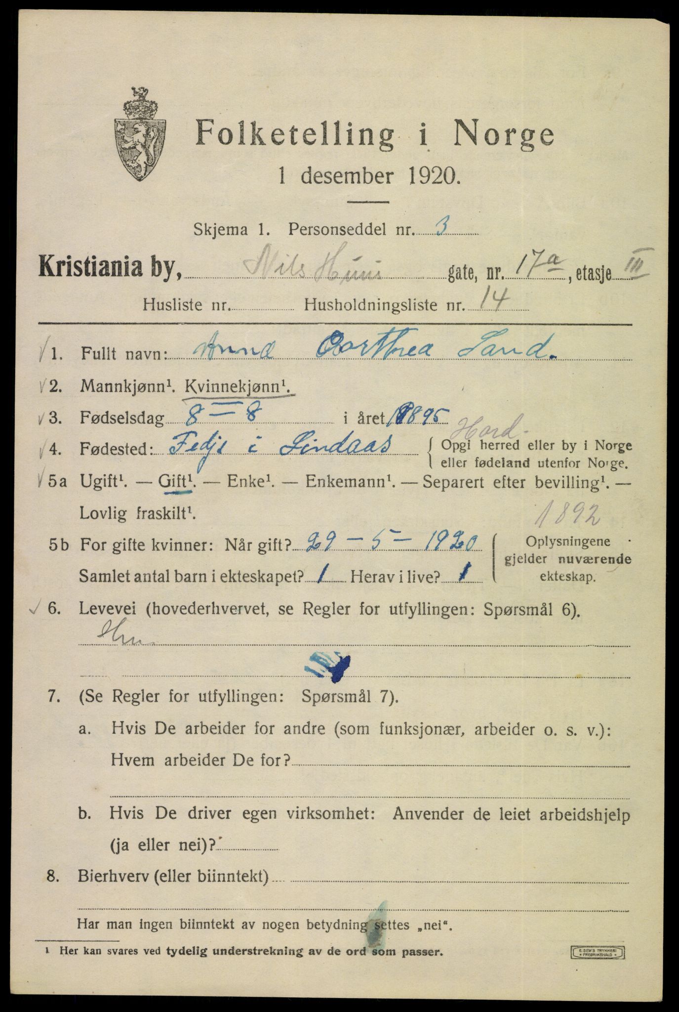 SAO, 1920 census for Kristiania, 1920, p. 413601