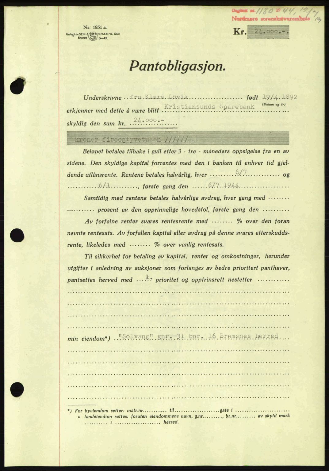 Nordmøre sorenskriveri, AV/SAT-A-4132/1/2/2Ca: Mortgage book no. B92, 1944-1945, Diary no: : 1180/1944