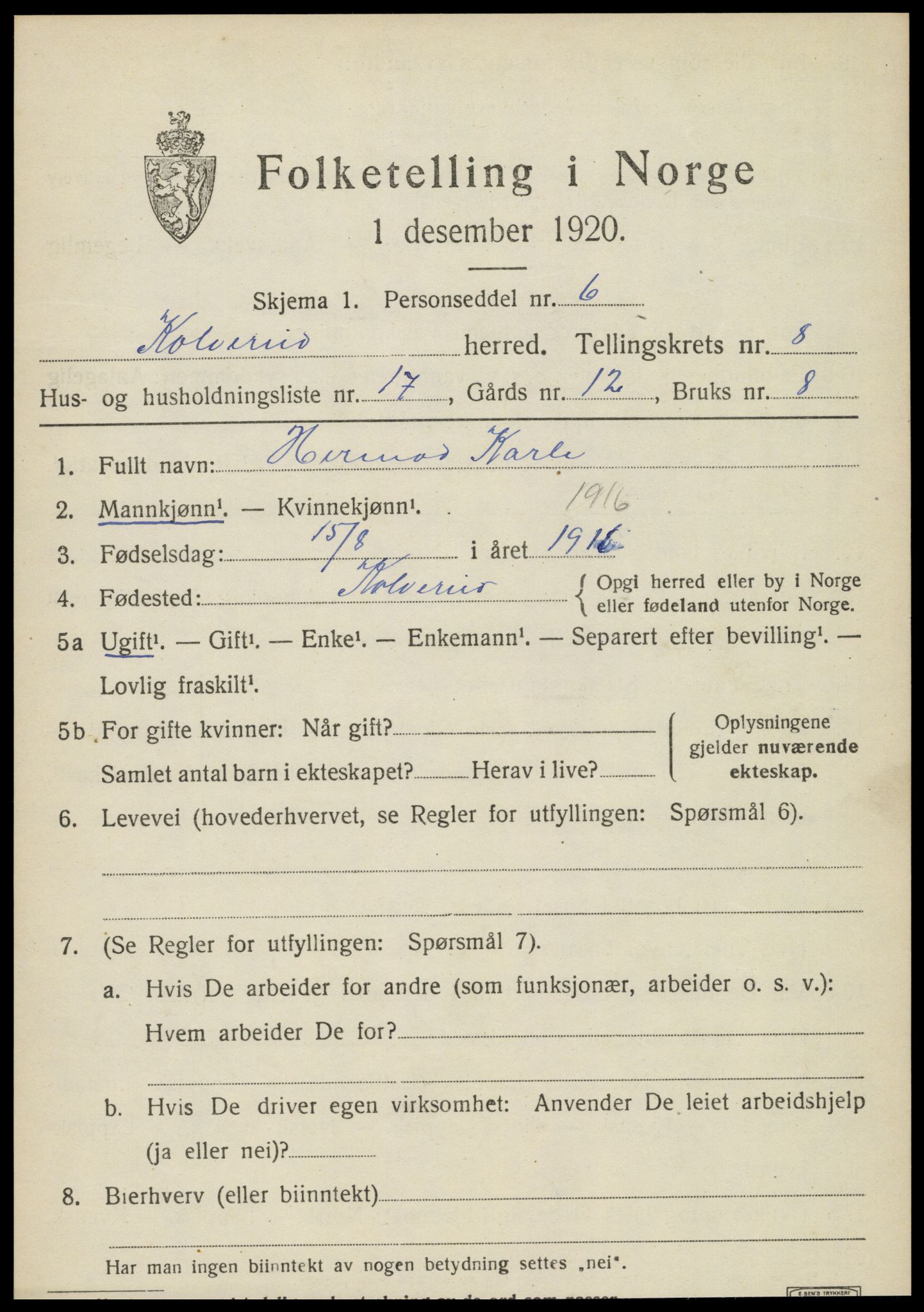 SAT, 1920 census for Kolvereid, 1920, p. 5127