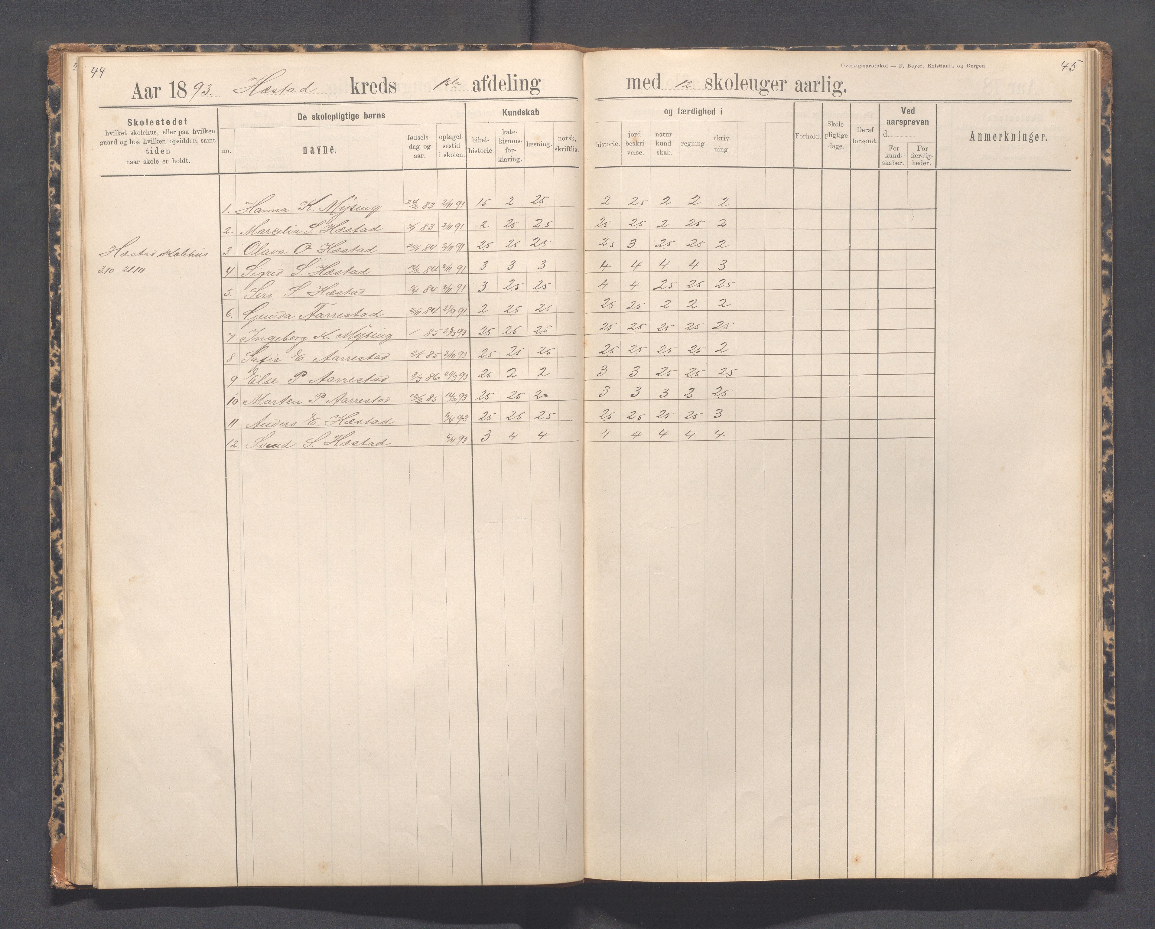 Helleland kommune - Skolekommisjonen/skolestyret, IKAR/K-100486/H/L0012: Skoleprotokoll - Terland, Hæstad, Øen, 1891-1897, p. 44-45